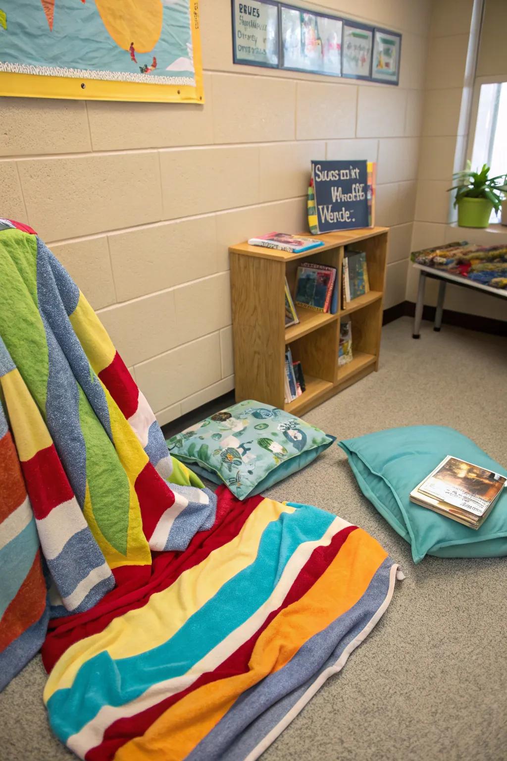 A cozy reading nook with beach towels, perfect for a relaxed reading session.