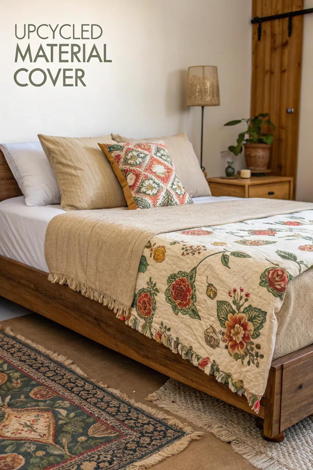 Upcycled materials create a unique and eco-friendly bed cover.