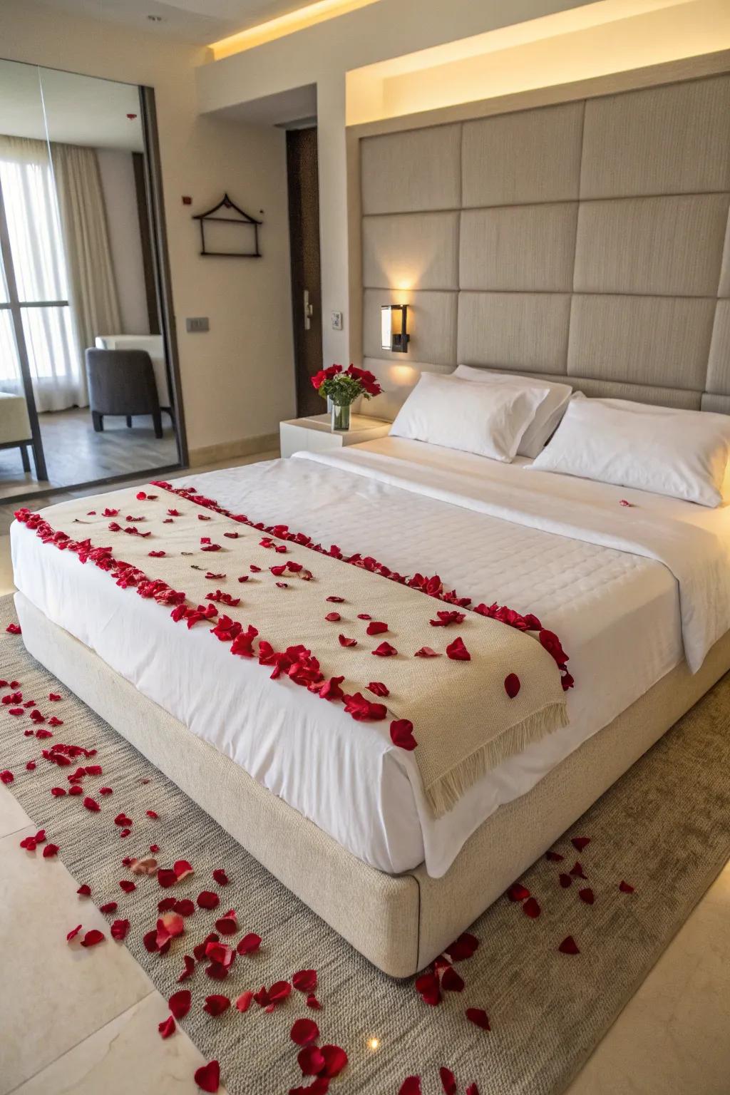 A creative border of rose petals adding a pop of color to a minimalist bedroom.