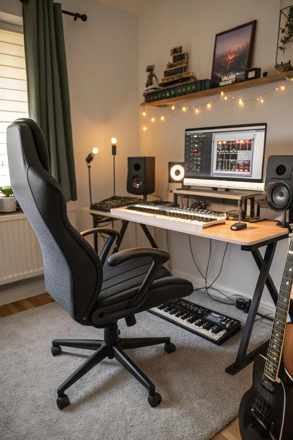 Ergonomic seating is essential for comfort during long music production sessions.