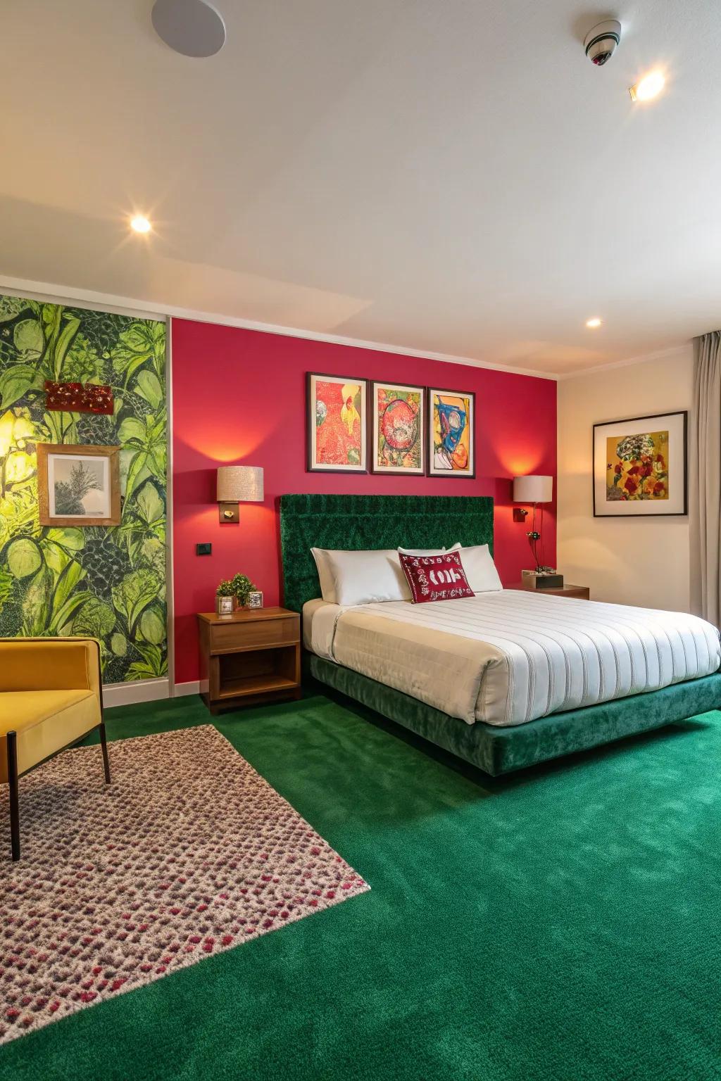 An accent wall injects personality and vibrancy into the bedroom, complementing the green carpet.