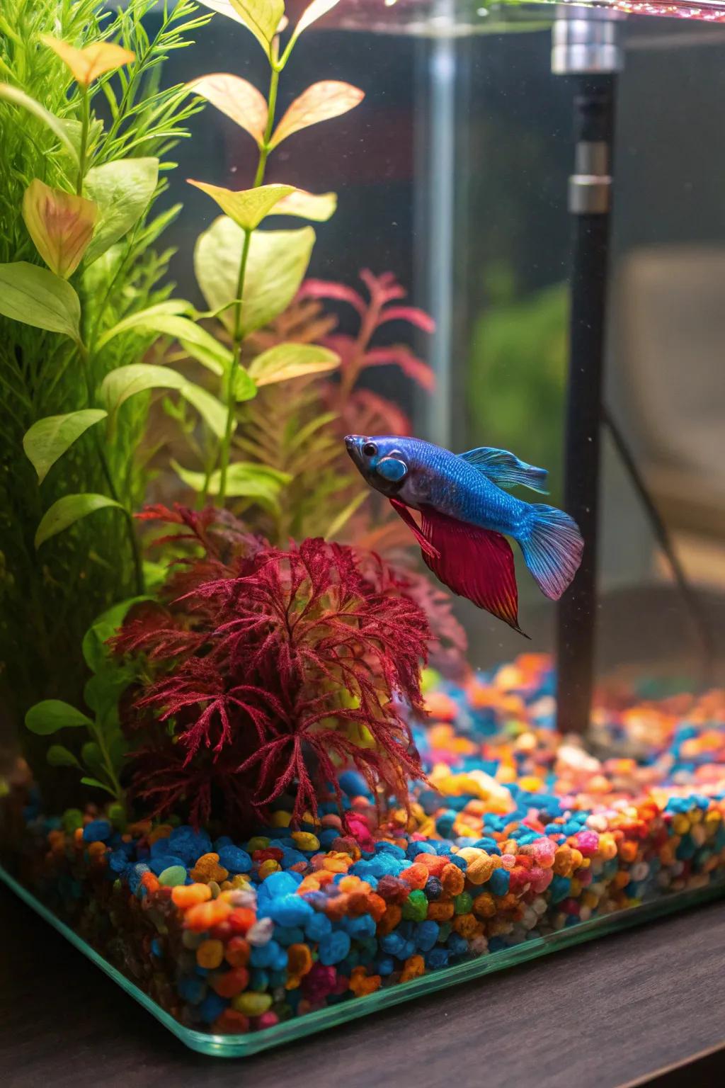 A colorful explosion of life in a betta fish tank.