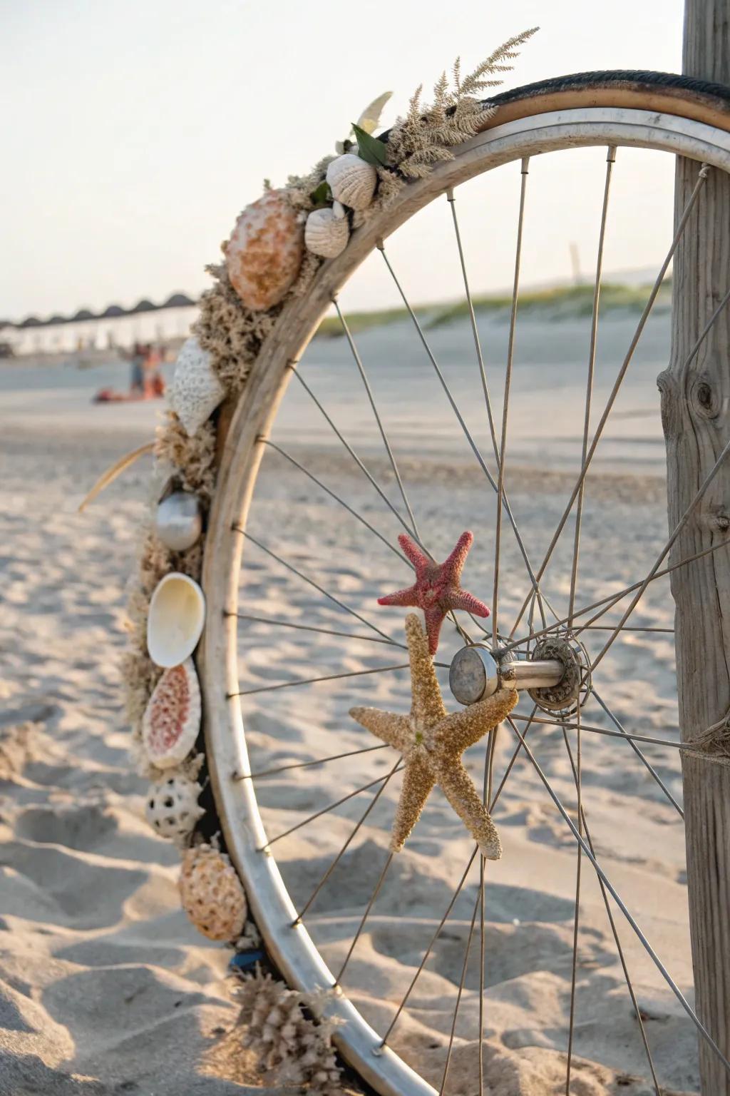 A beach-inspired bicycle wreath with seashells and starfish for a coastal feel.