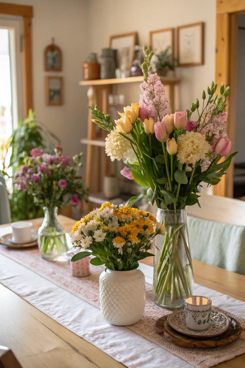 An elegant floral arrangement with seasonal blooms on a home table.