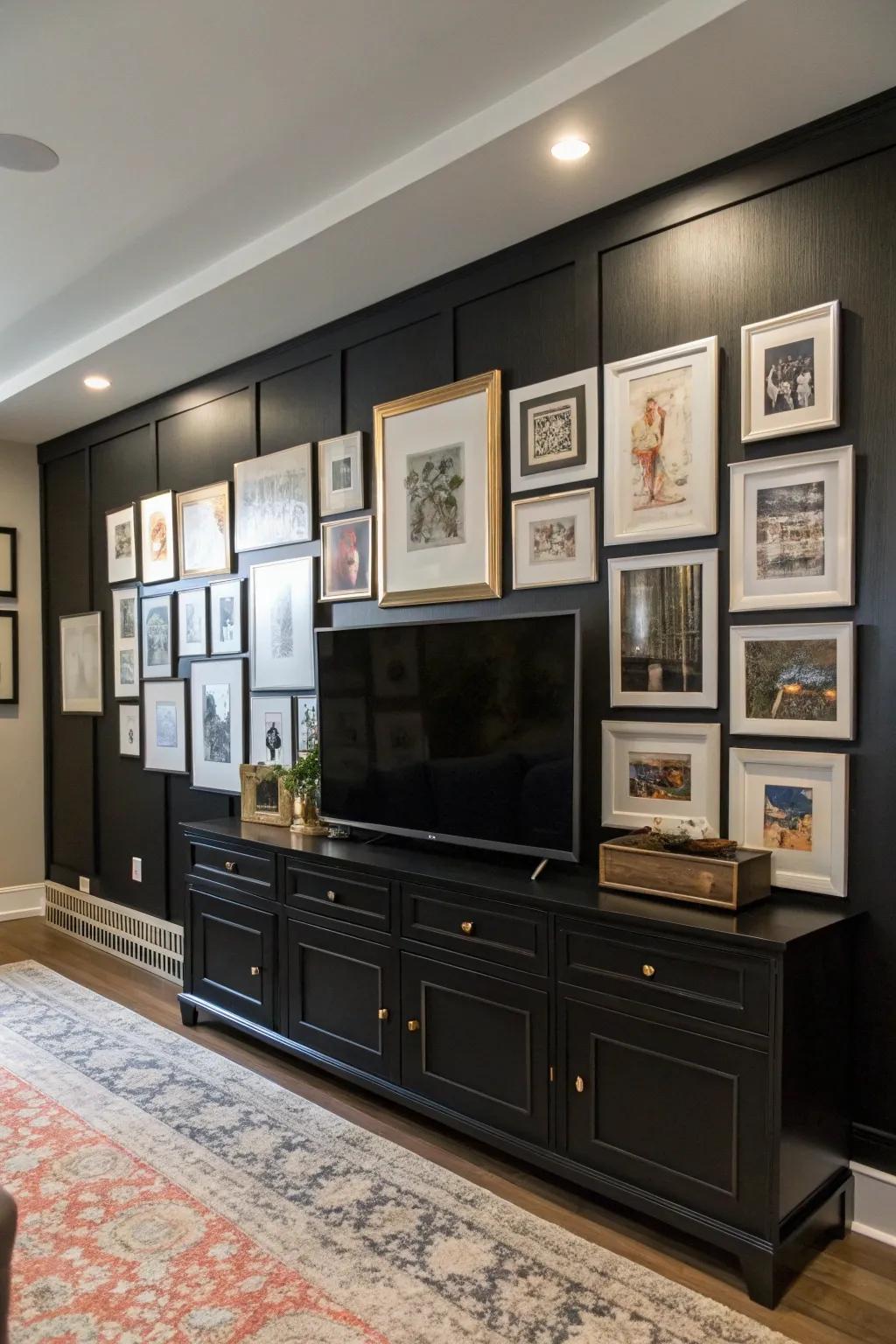 A gallery wall adds personality and style to a black accent wall.