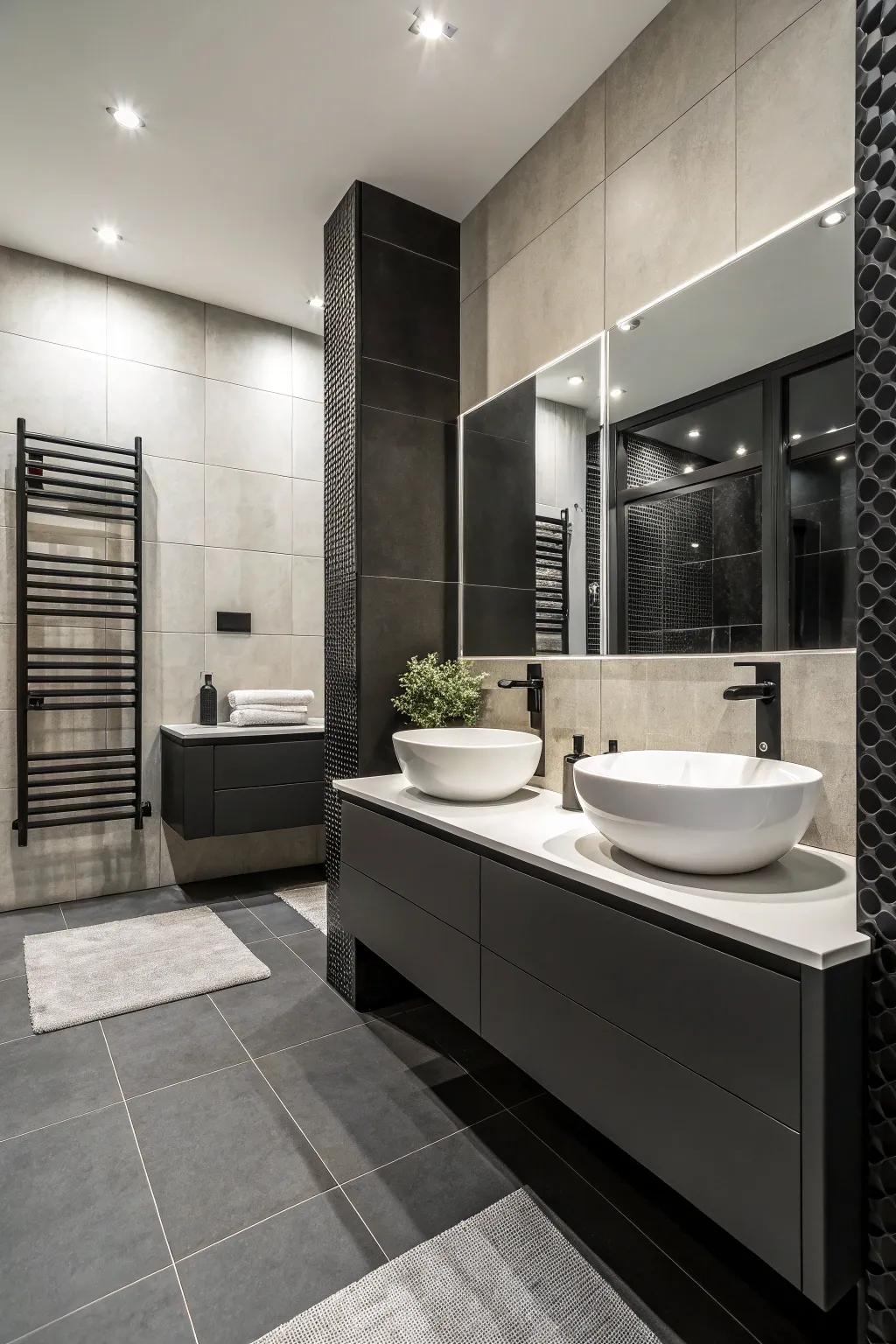 A bathroom featuring monochrome decor for a unified and stylish look.