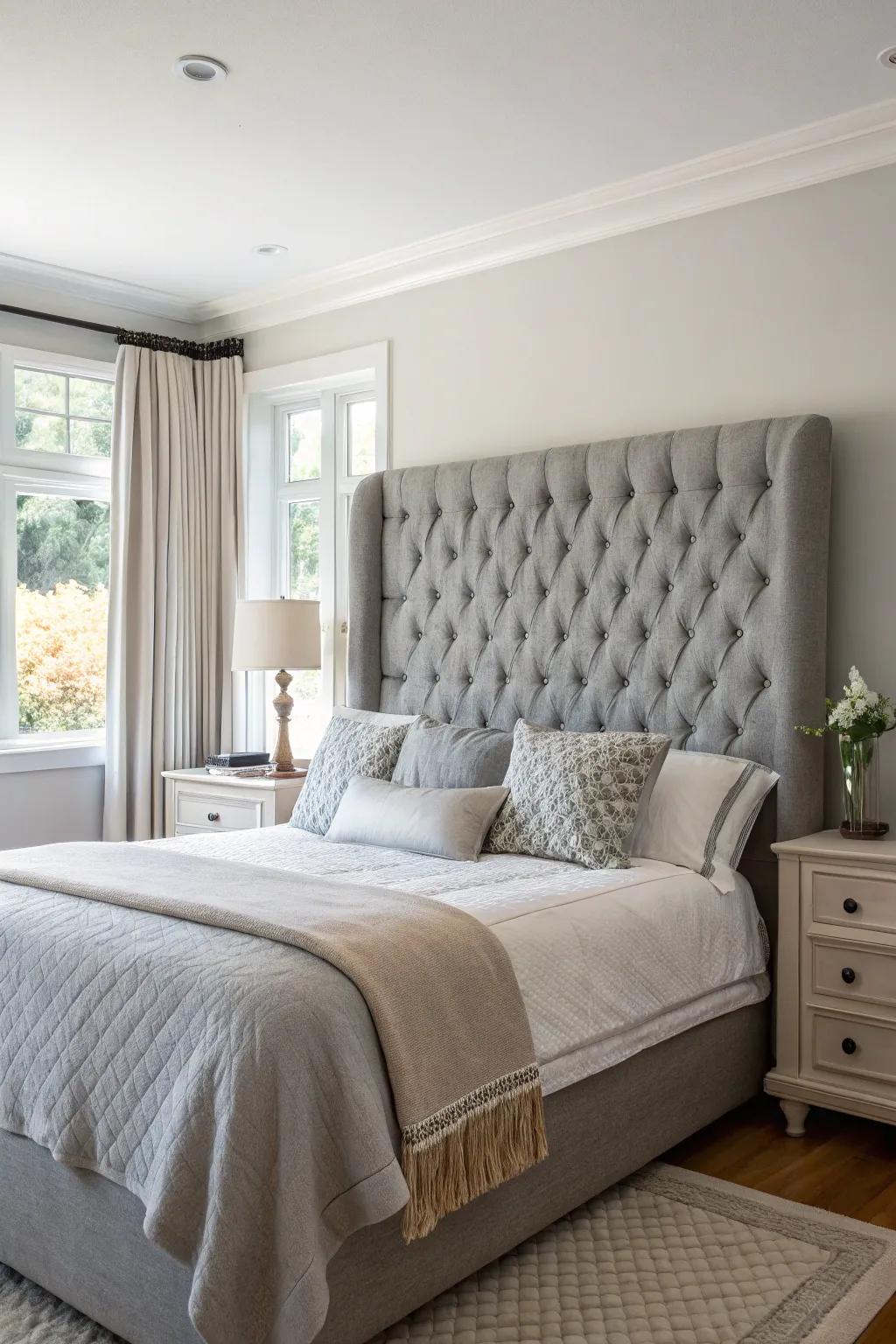 A bedroom with a tufted statement headboard in grey.