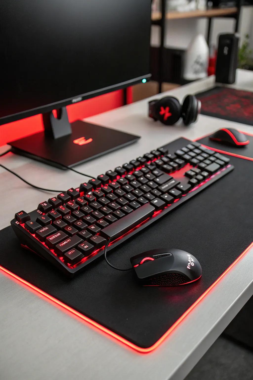 A black keyboard and mouse glow with red backlighting, enhancing the gaming setup.