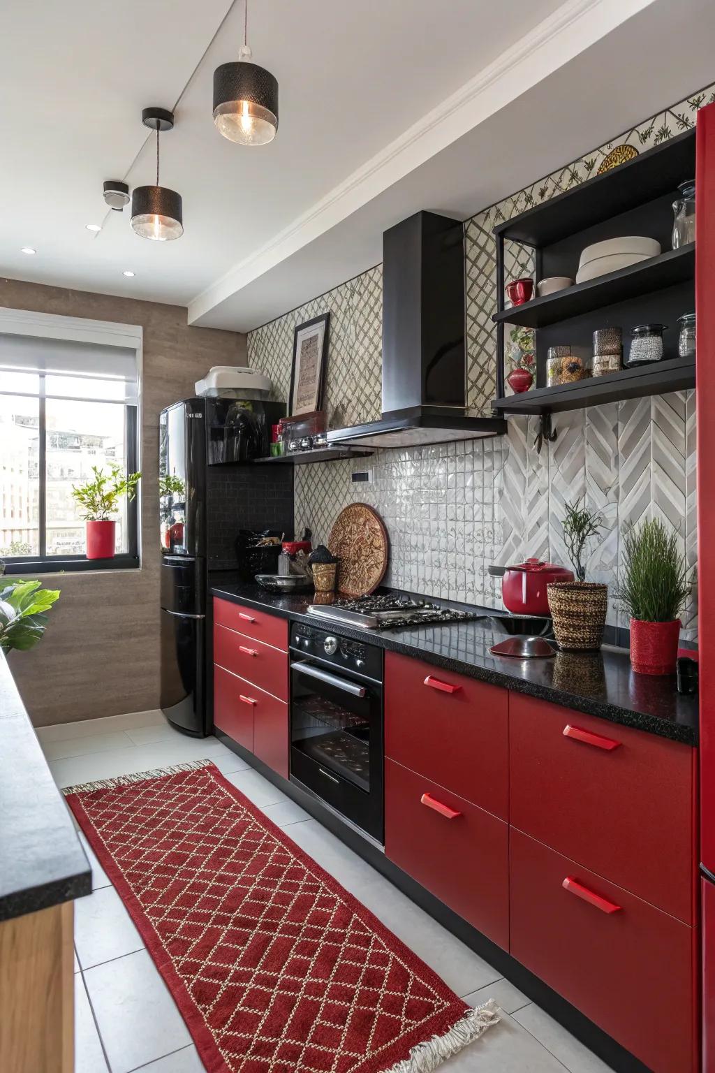 Decorative elements tie together the black and red theme.