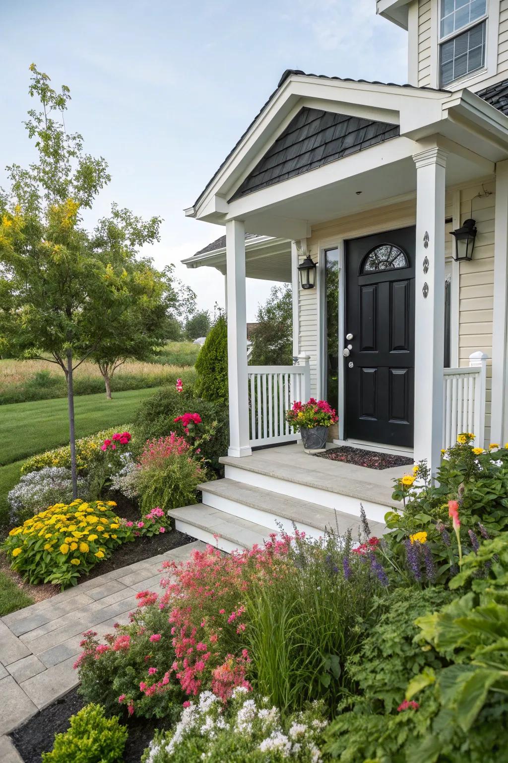 An inviting entryway with a striking black front door.