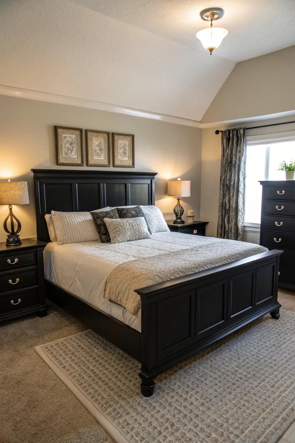 A refreshing contrast of light bedding against black furniture.