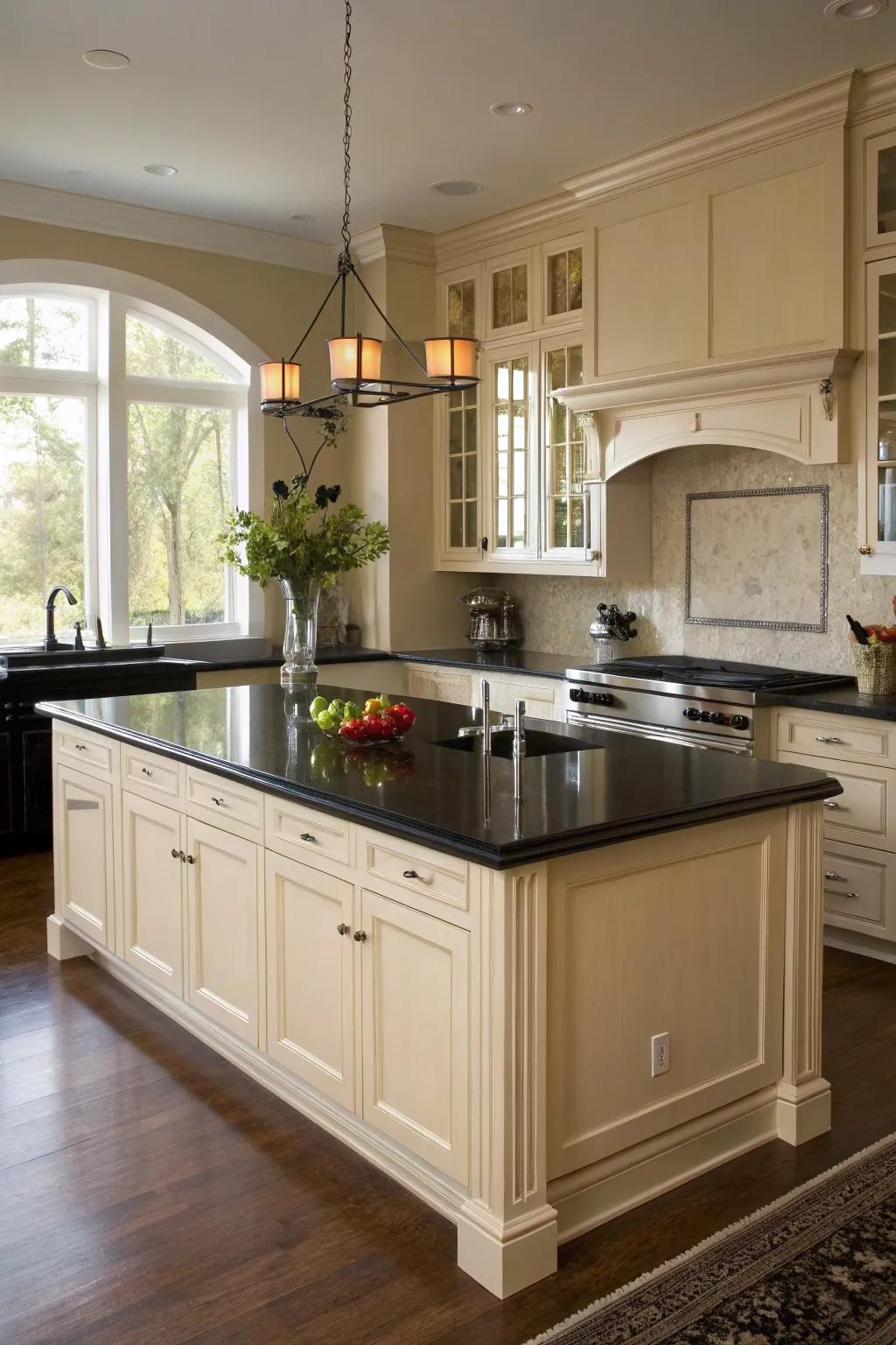 A black countertop island serves as a striking focal point.