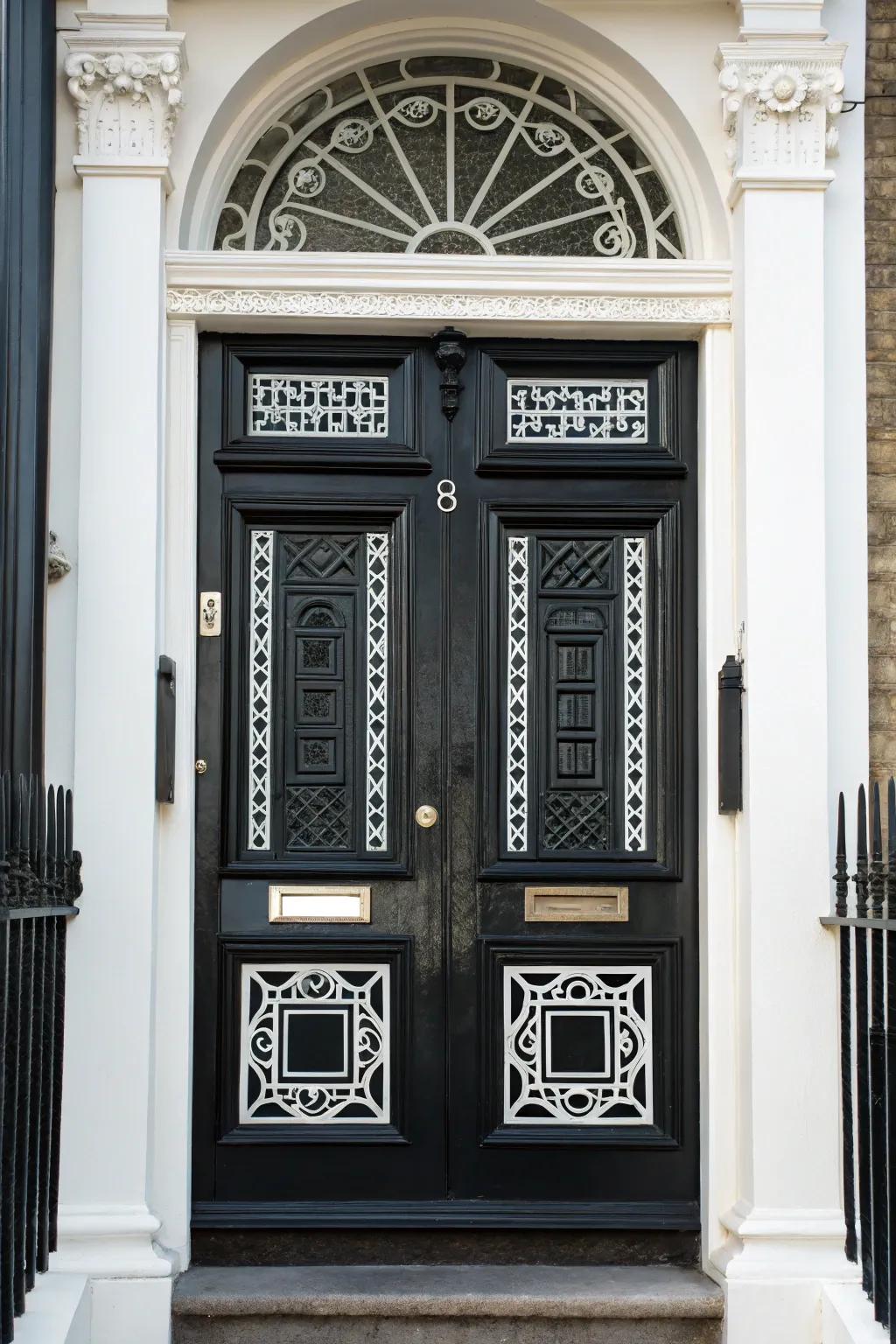 Geometric patterns on a black door stand out beautifully with white trim.