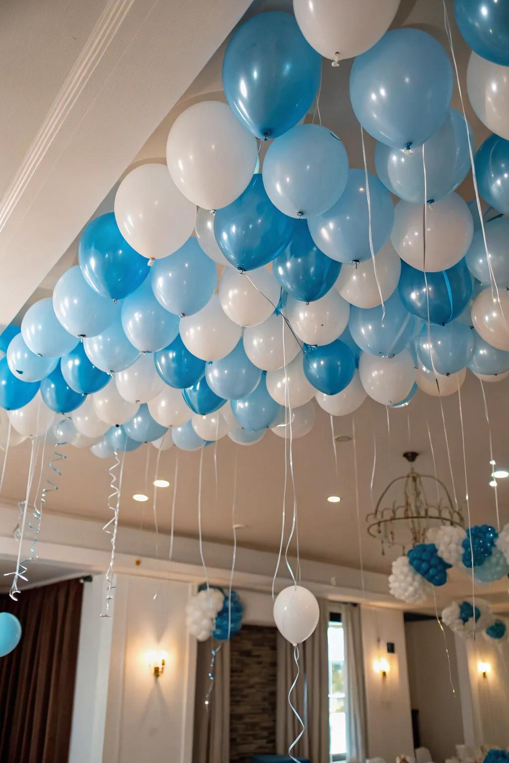 A ceiling full of floating balloons brings a magical touch to your space.