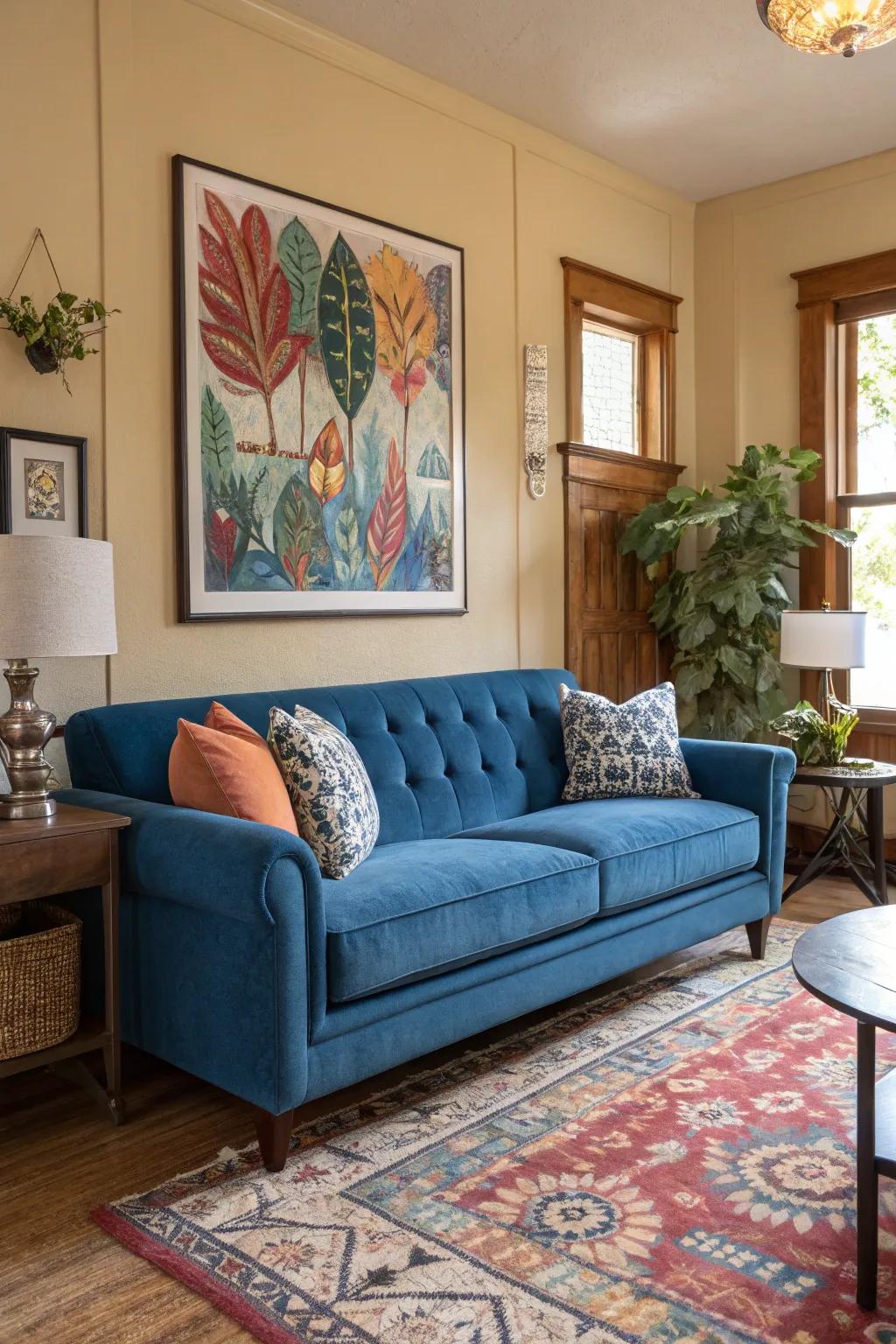 Wall art harmonizes with the blue couch for a personal touch.