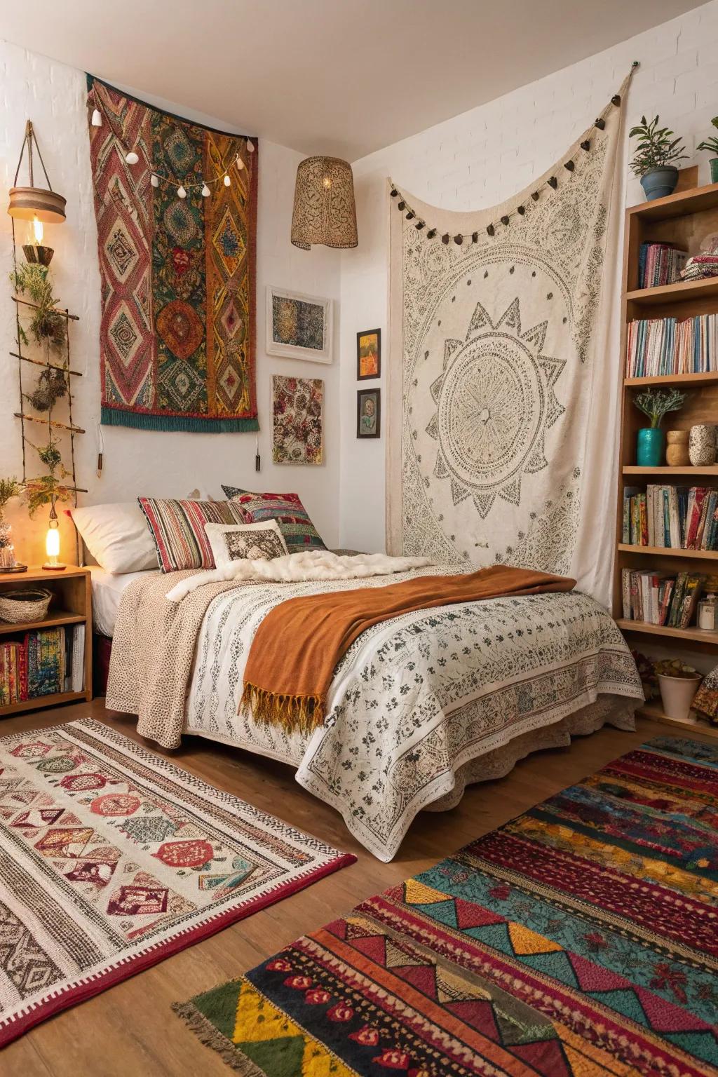 Layered rugs and textiles add warmth and coziness to this boho bedroom.