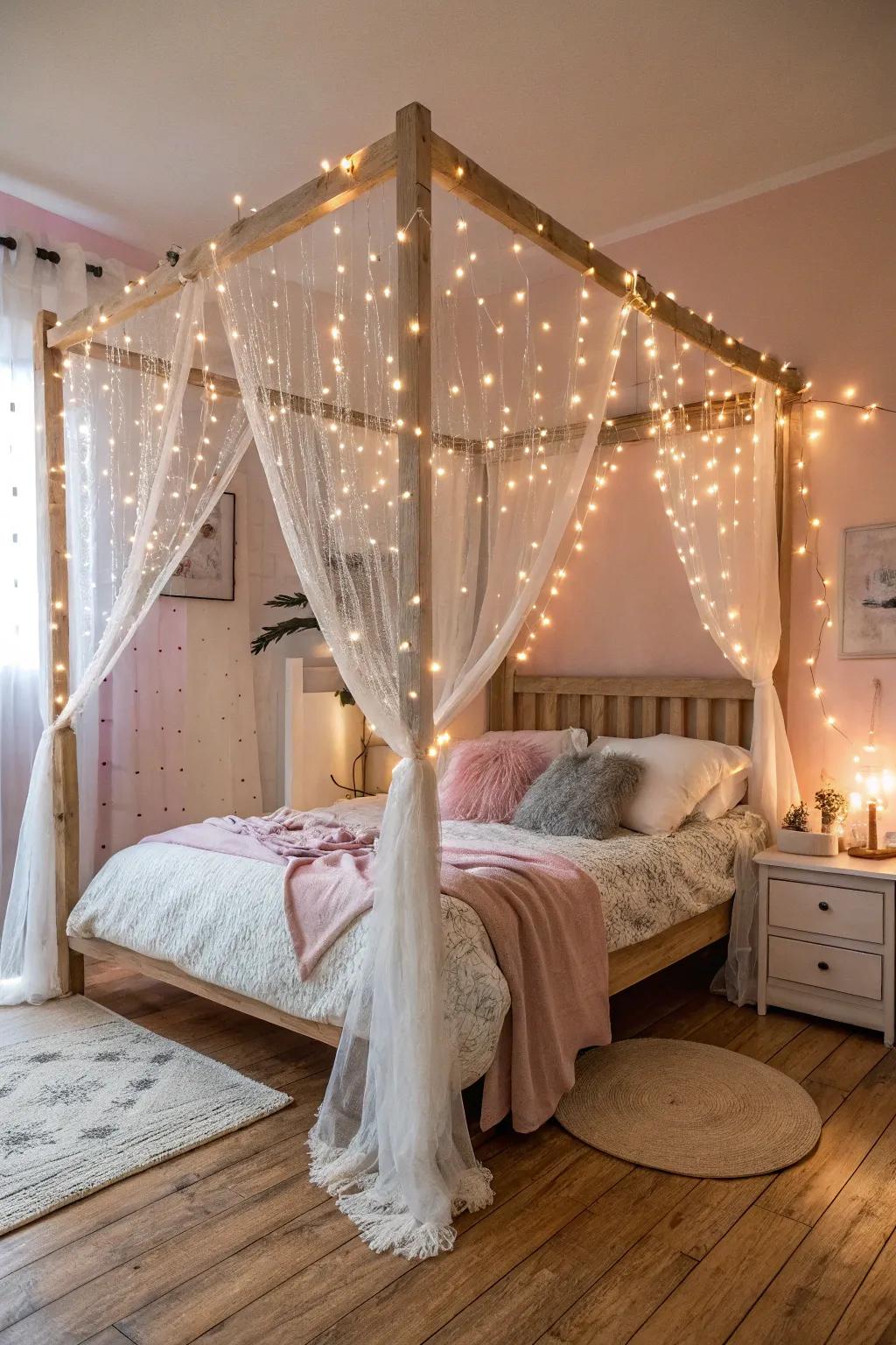 String lights draped over a canopy bed in a boho bedroom.