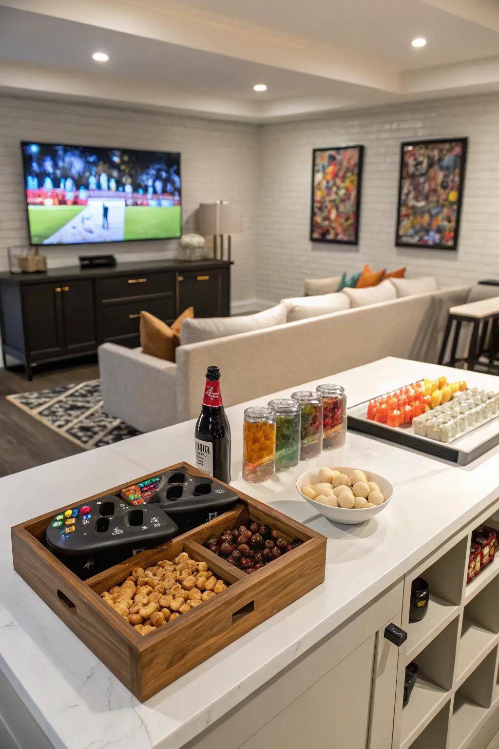 A convenient snack and drink station enhances game room gatherings.