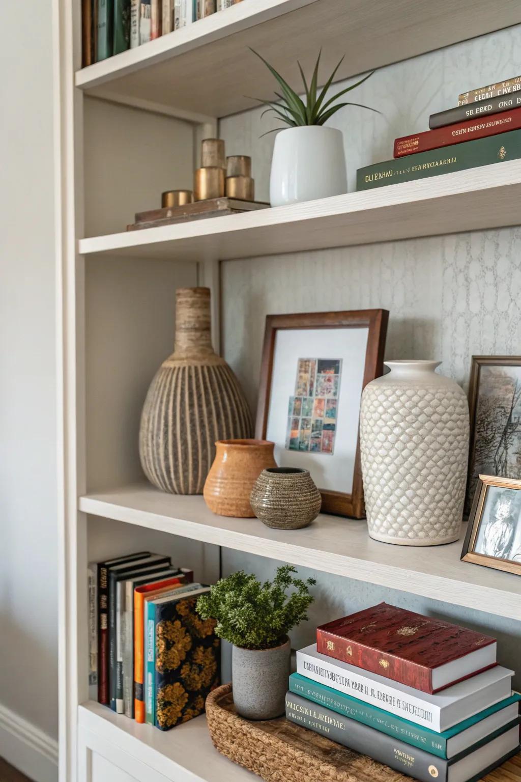 Layered decor elements create depth and visual interest on a bookshelf.