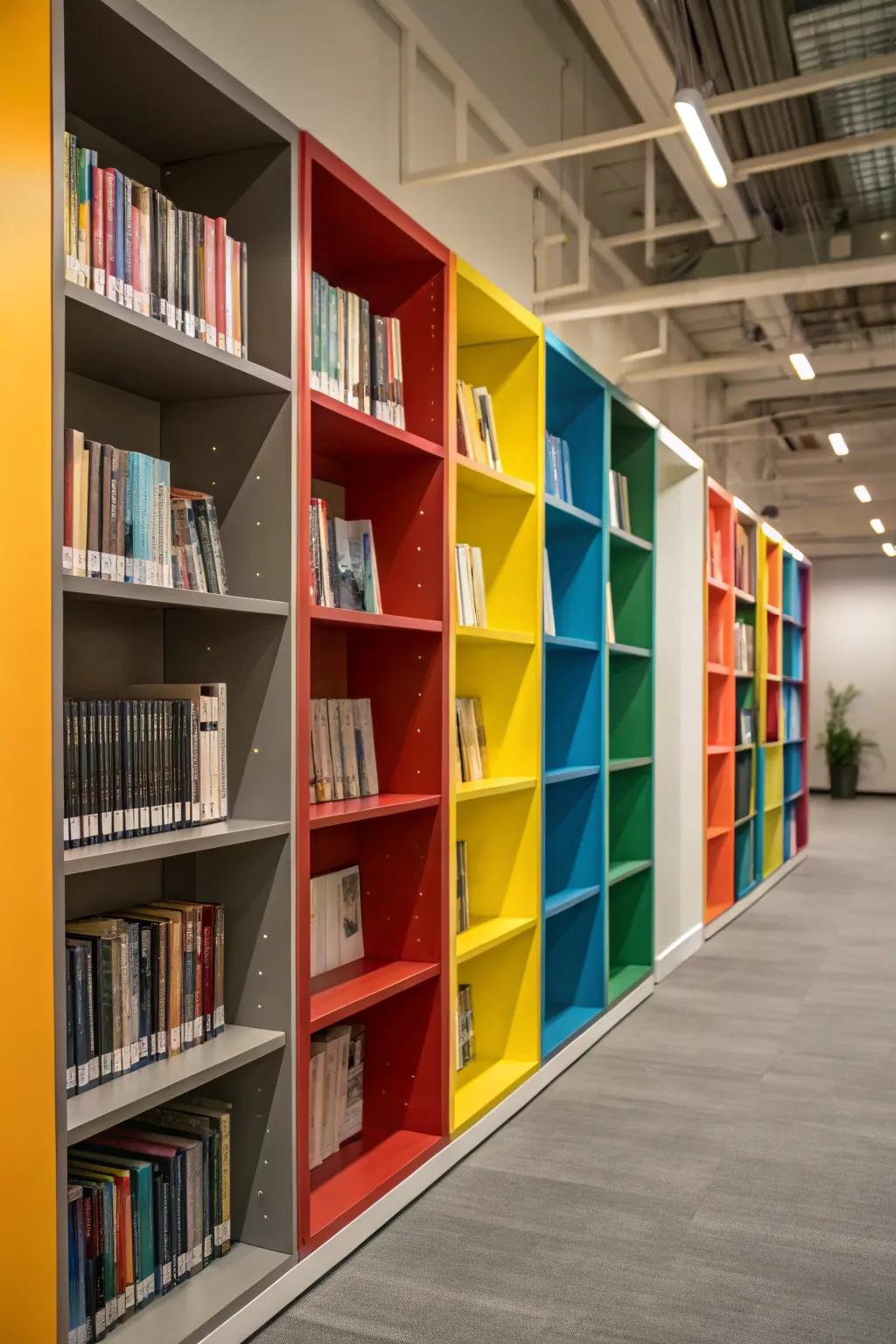 Accent colors add flair to bookshelves.