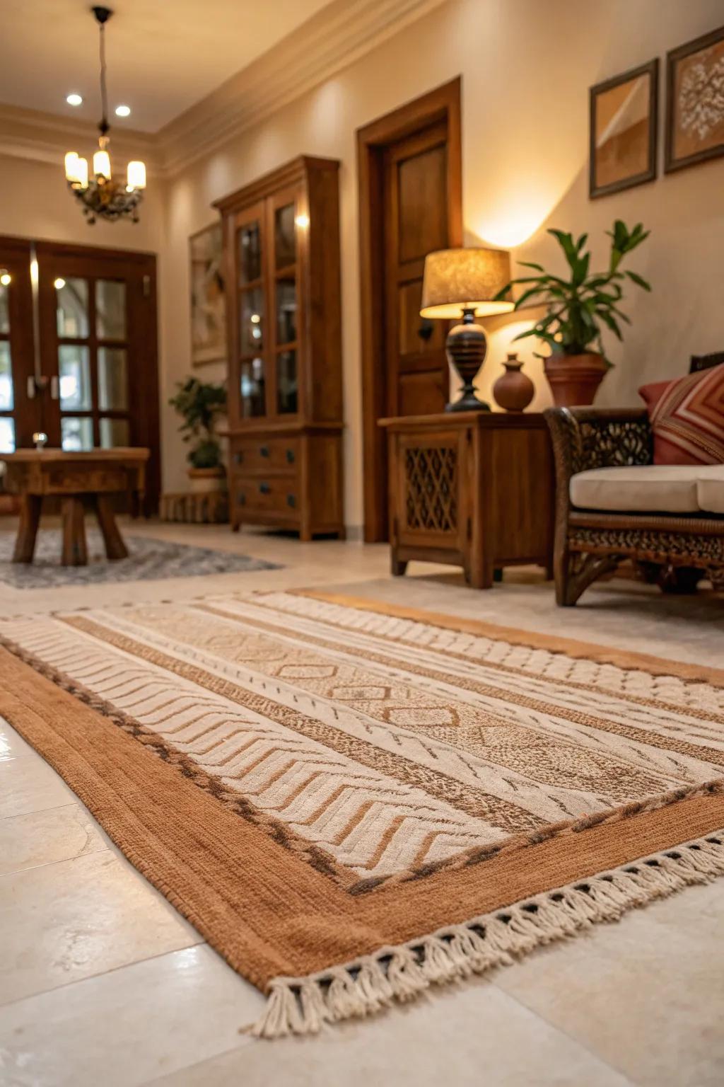 A stylish rug adds warmth and texture to the bourbon room.