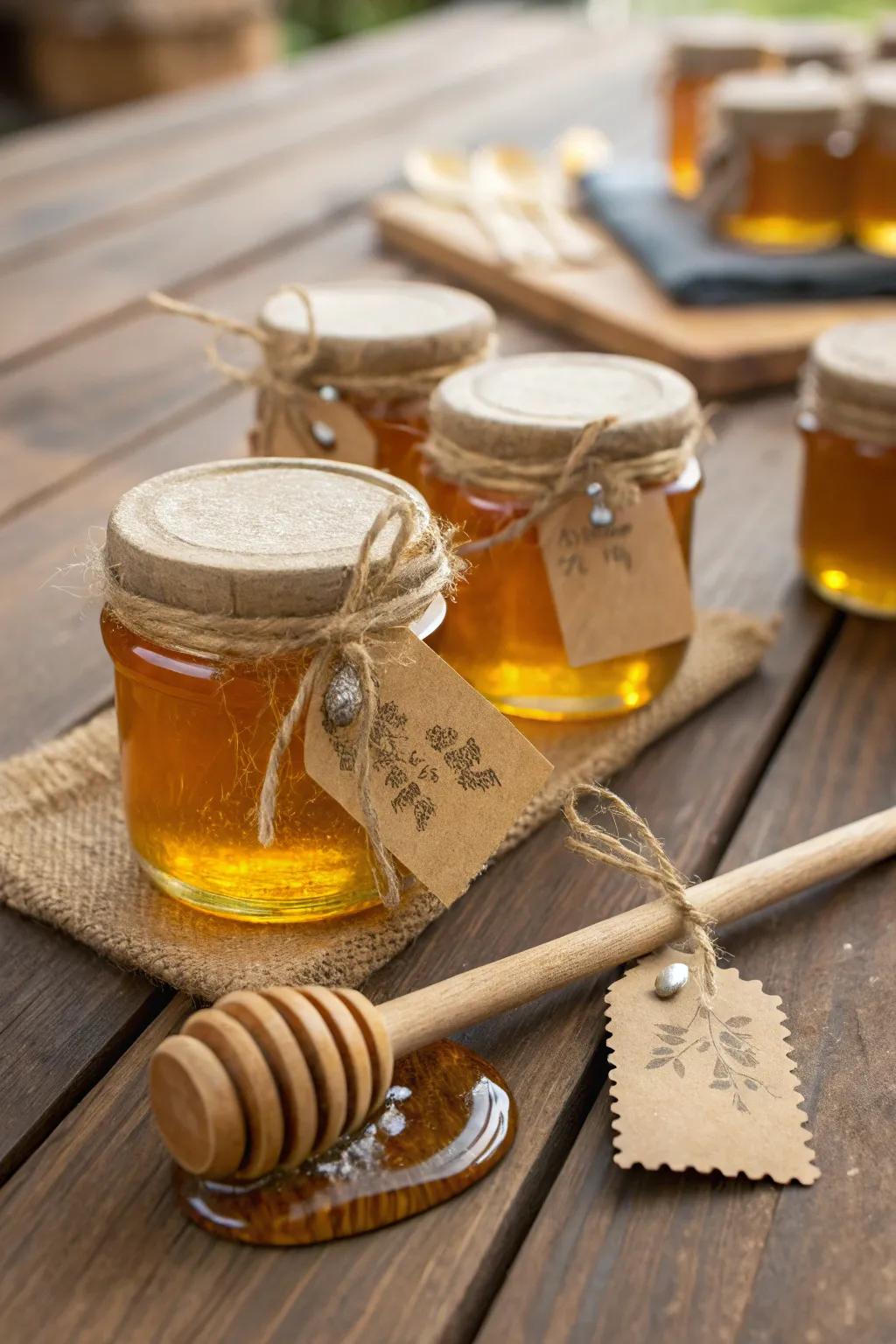 Miniature honey jars for a touch of sweetness.