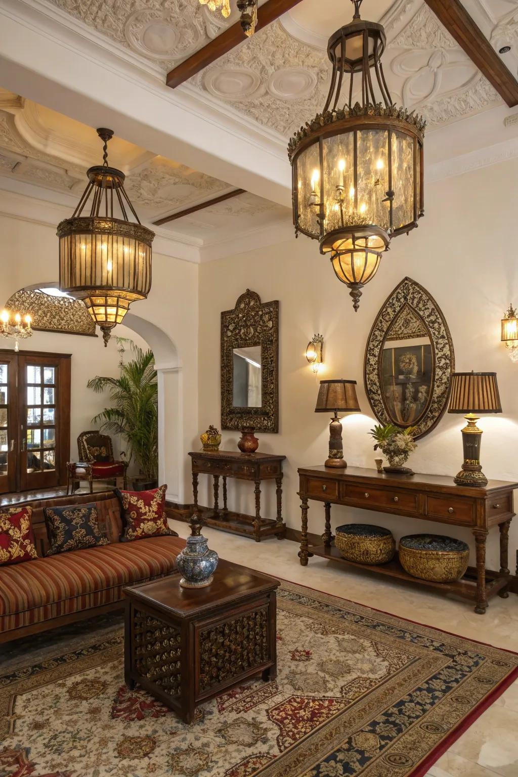 Brass and glass lighting enhances colonial elegance.