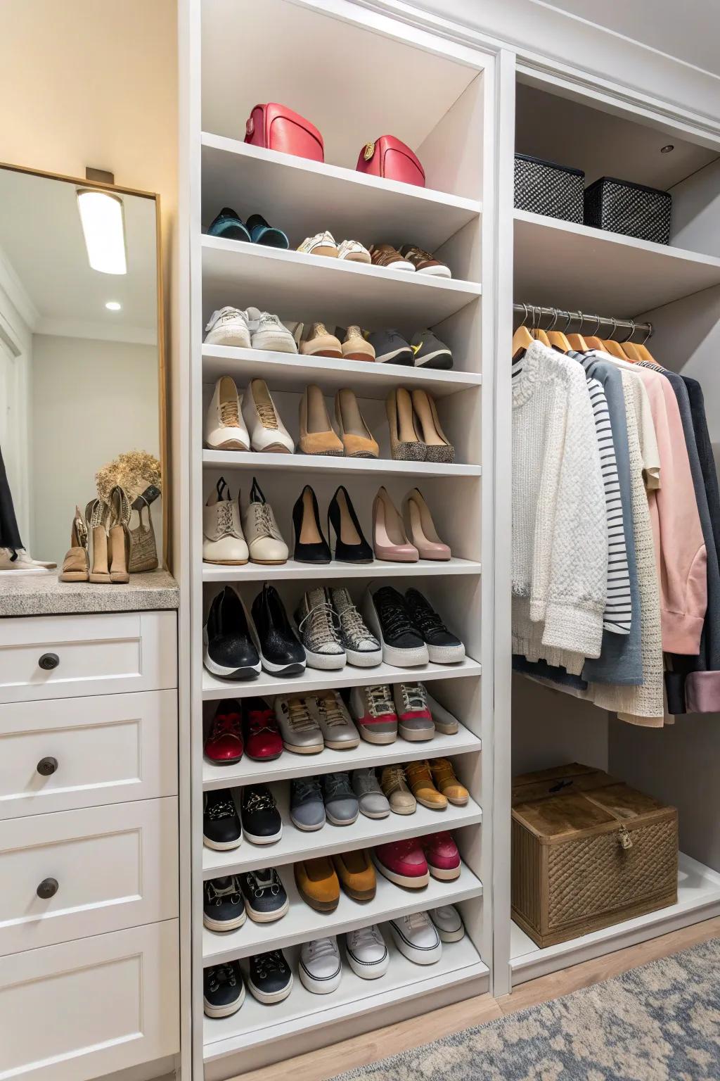 A dedicated shoe rack keeps footwear organized.