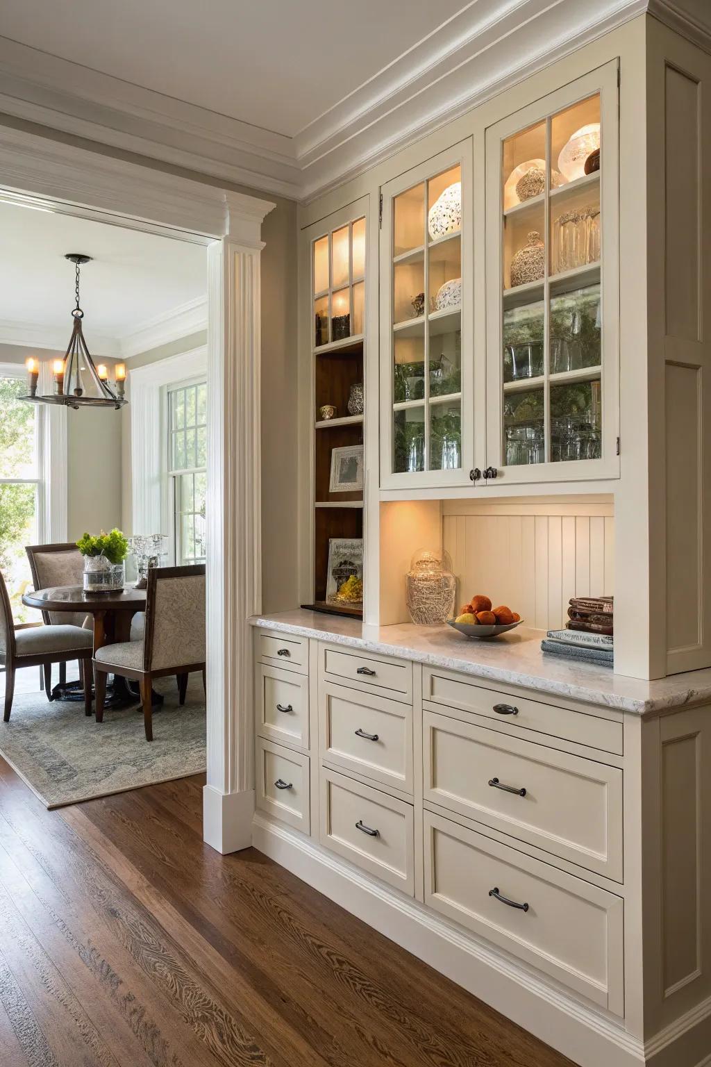 Built-in cabinets in an alcove, making efficient use of corner space.