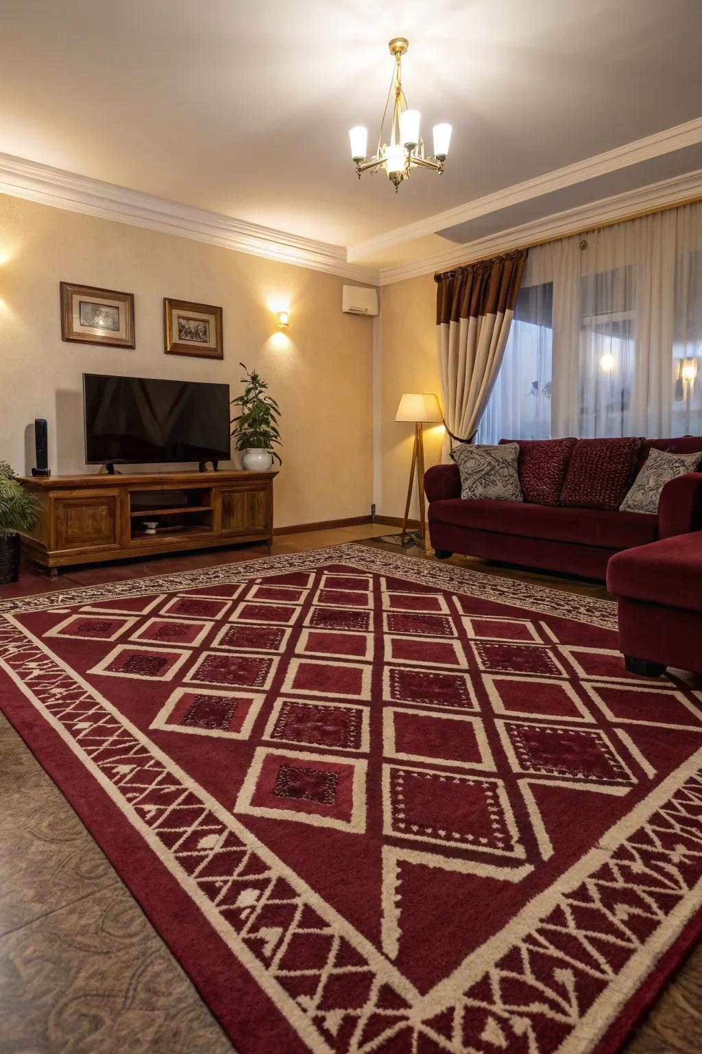 Layering rugs with patterns adds depth and visual interest to the burgundy carpet.