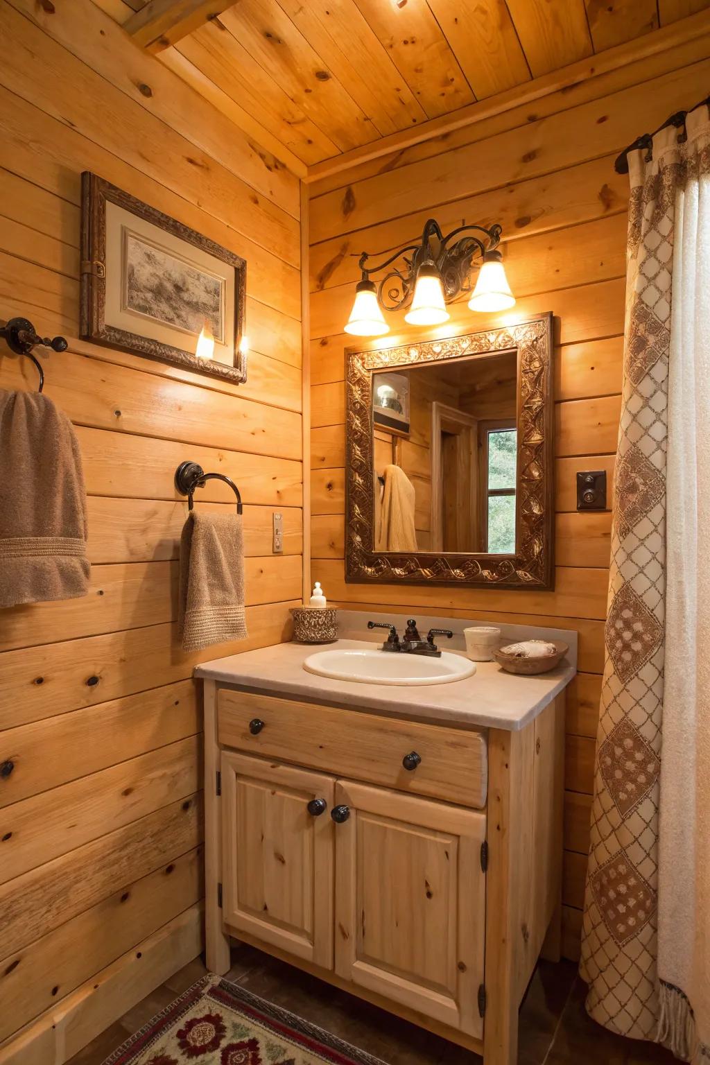 Warm lighting enhances the cozy feel of a cabin bathroom.