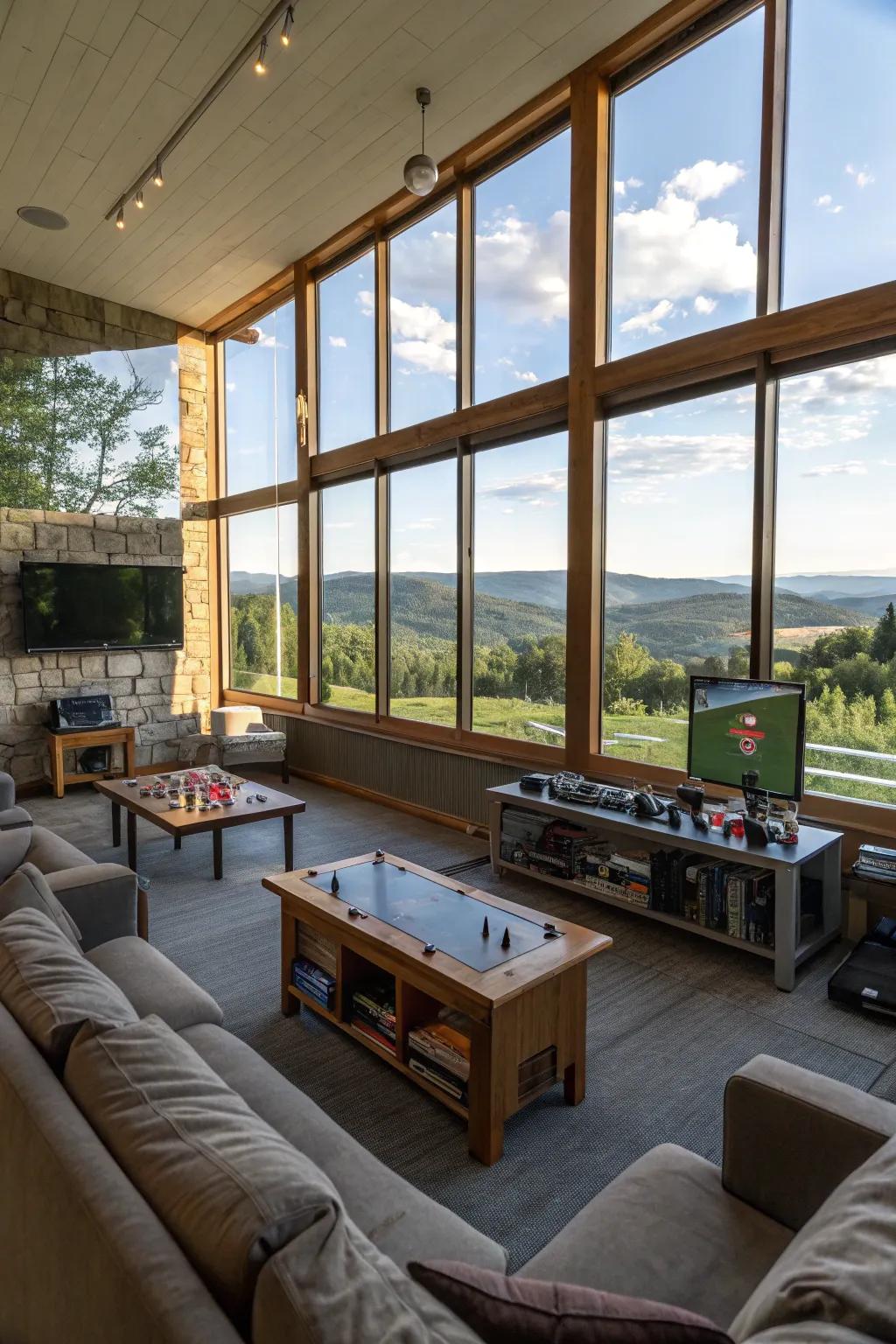 Large windows bring the beauty of nature into your game room.