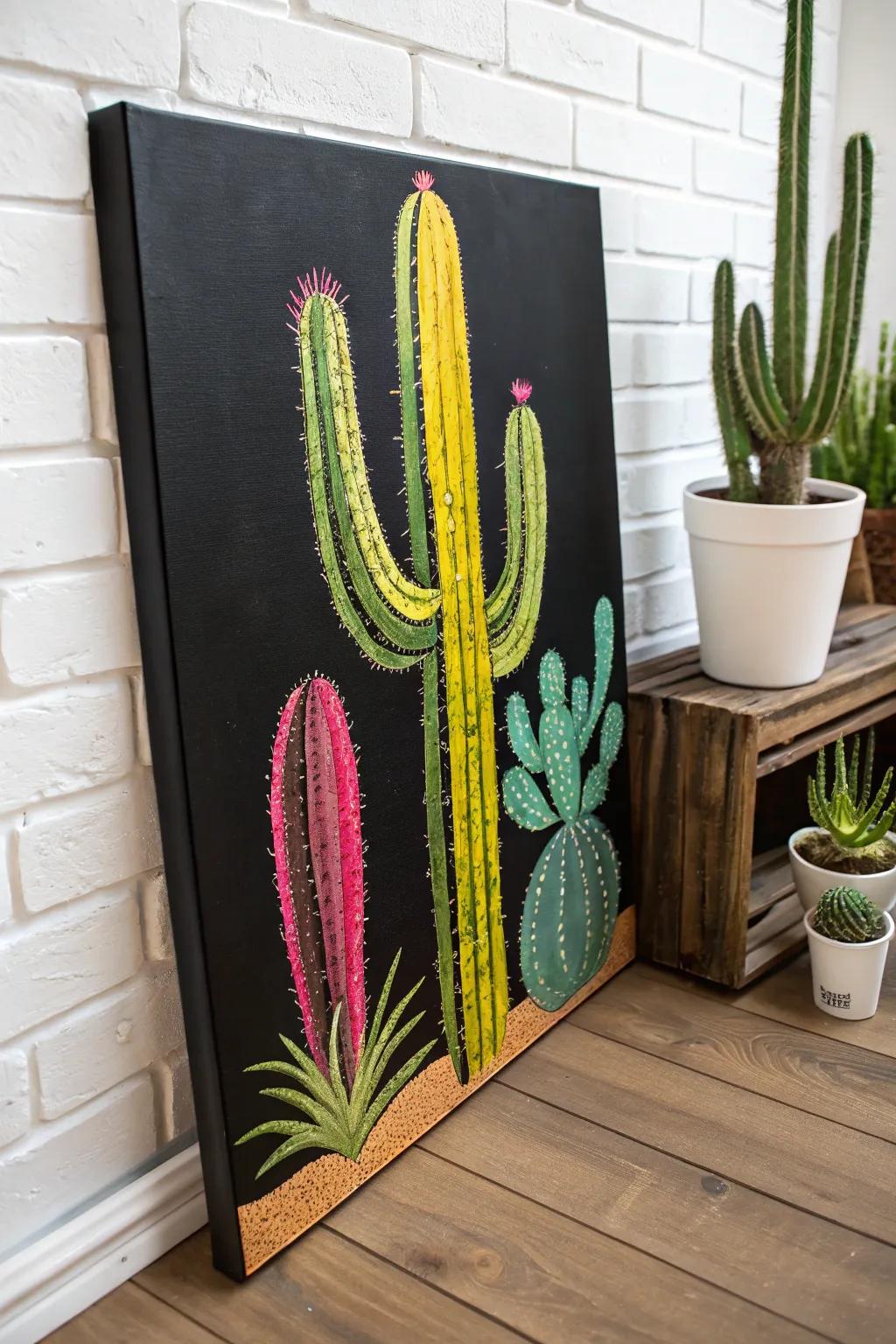 Cacti painted on a striking black canvas.