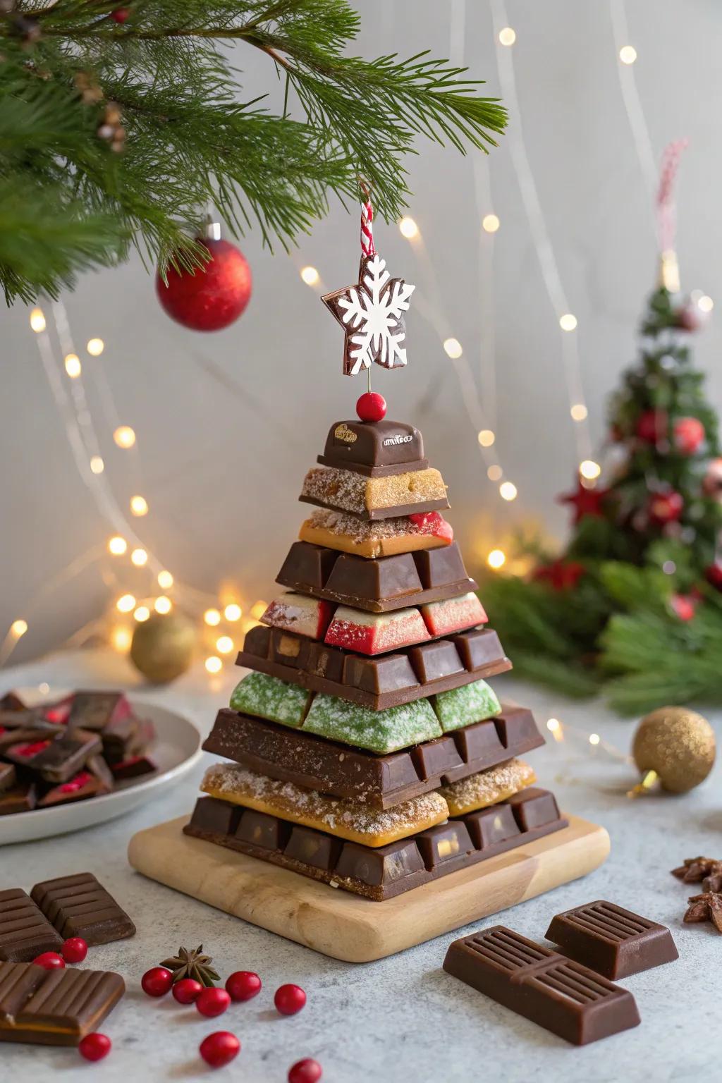 A candy bar Christmas tree that serves as both decoration and treat.