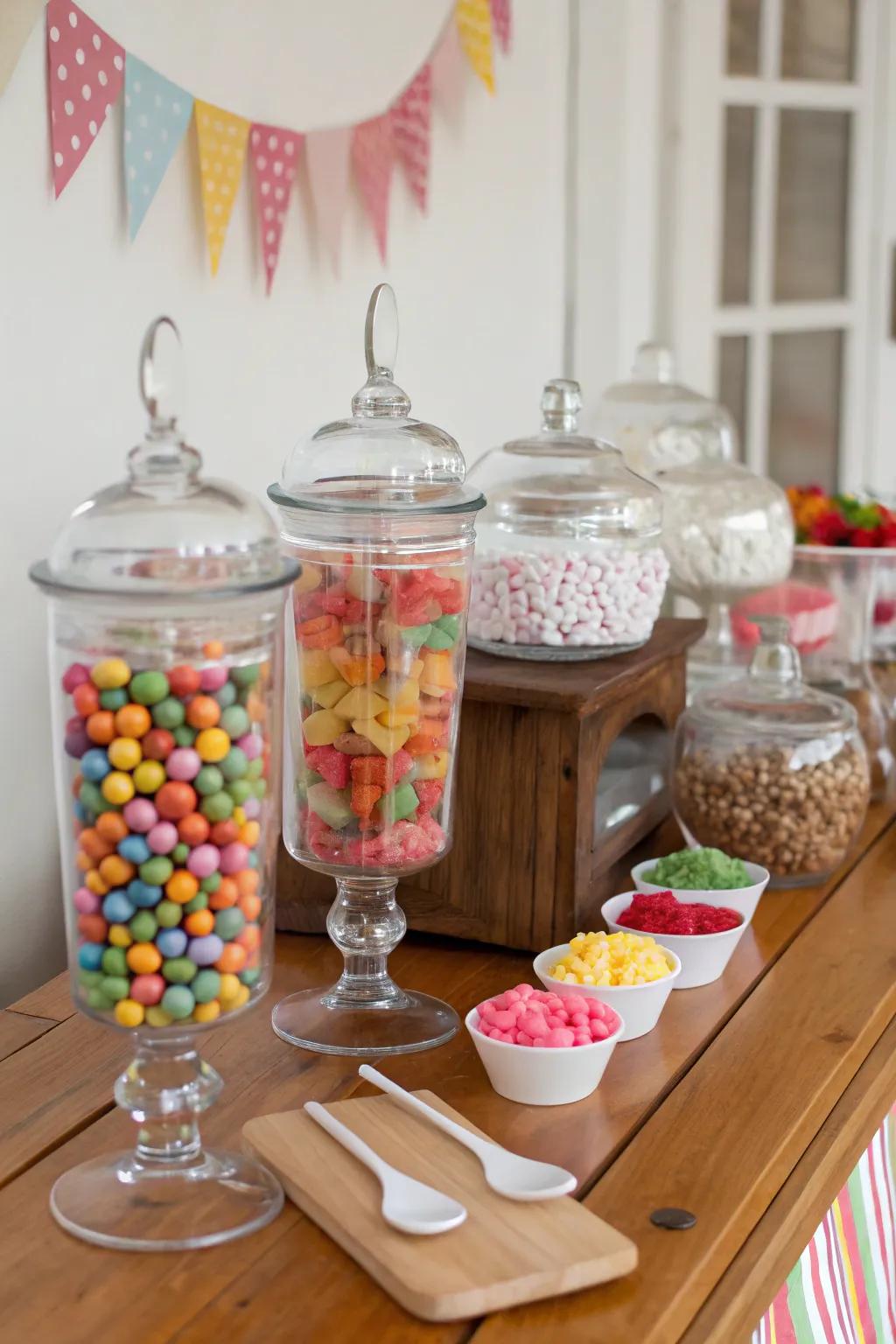 Interactive DIY candy mix station with a variety of sweet options.