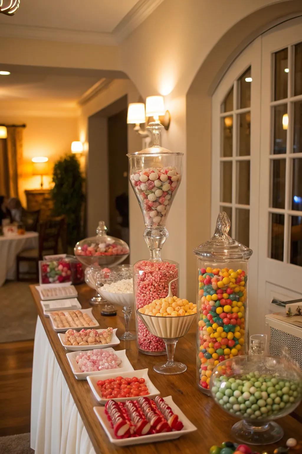 A symmetrically arranged candy table with balanced displays