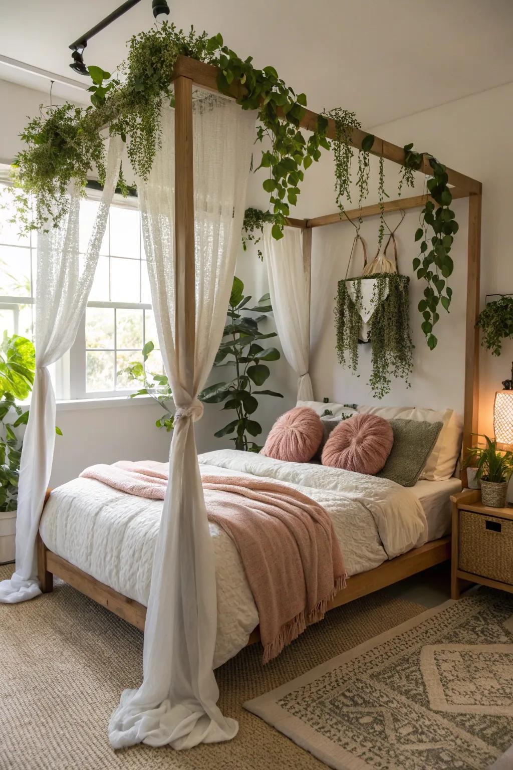 Hanging plants add a natural touch to a canopy bed.