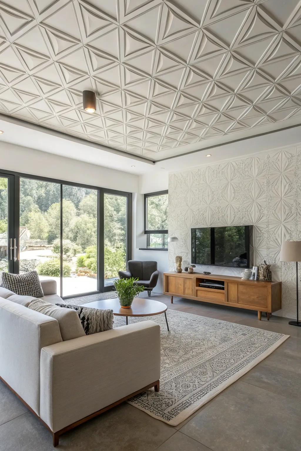 A sleek living room with contemporary geometric ceiling tiles.