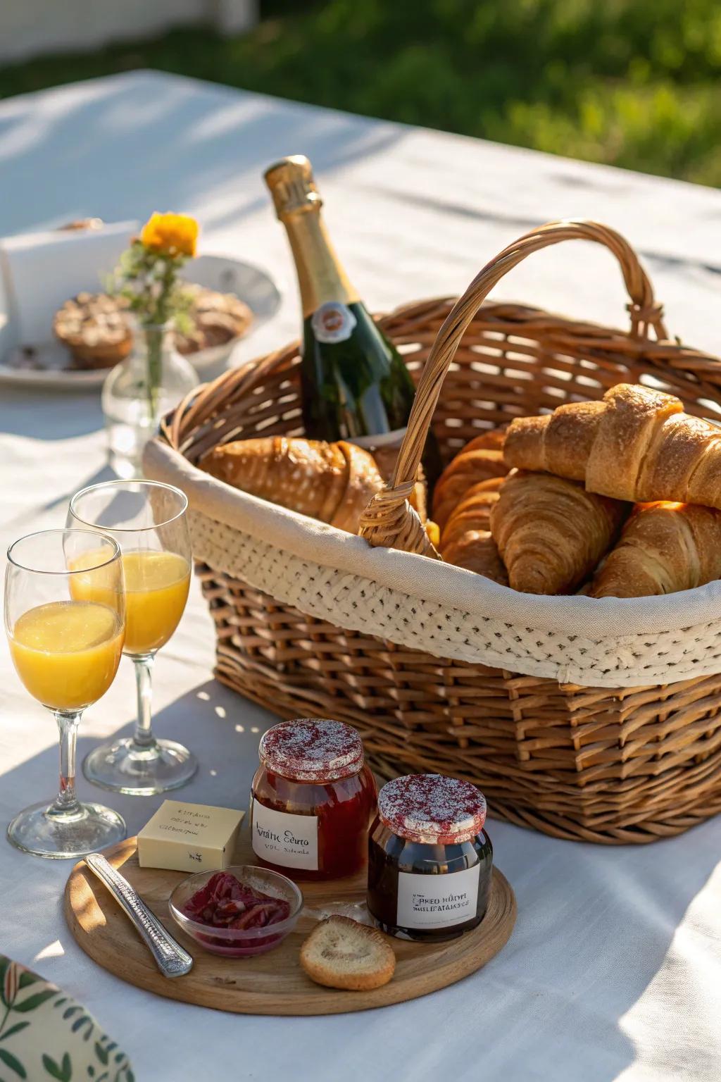 Brunch delight with sparkling wine and gourmet marmalades.