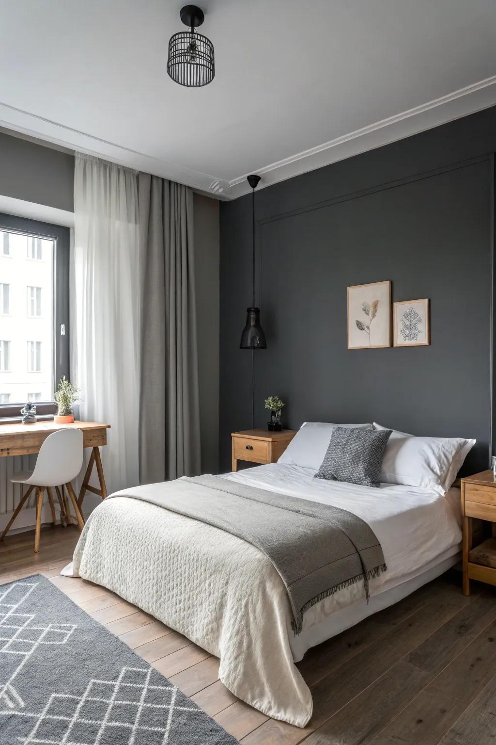 Simplicity at its best in a charcoal-themed bedroom.