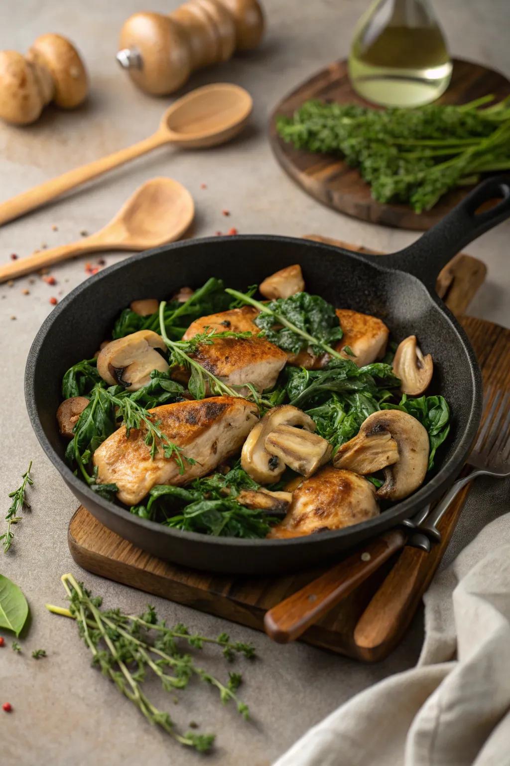 Chicken, spinach, and mushroom skillet, a hearty meal.