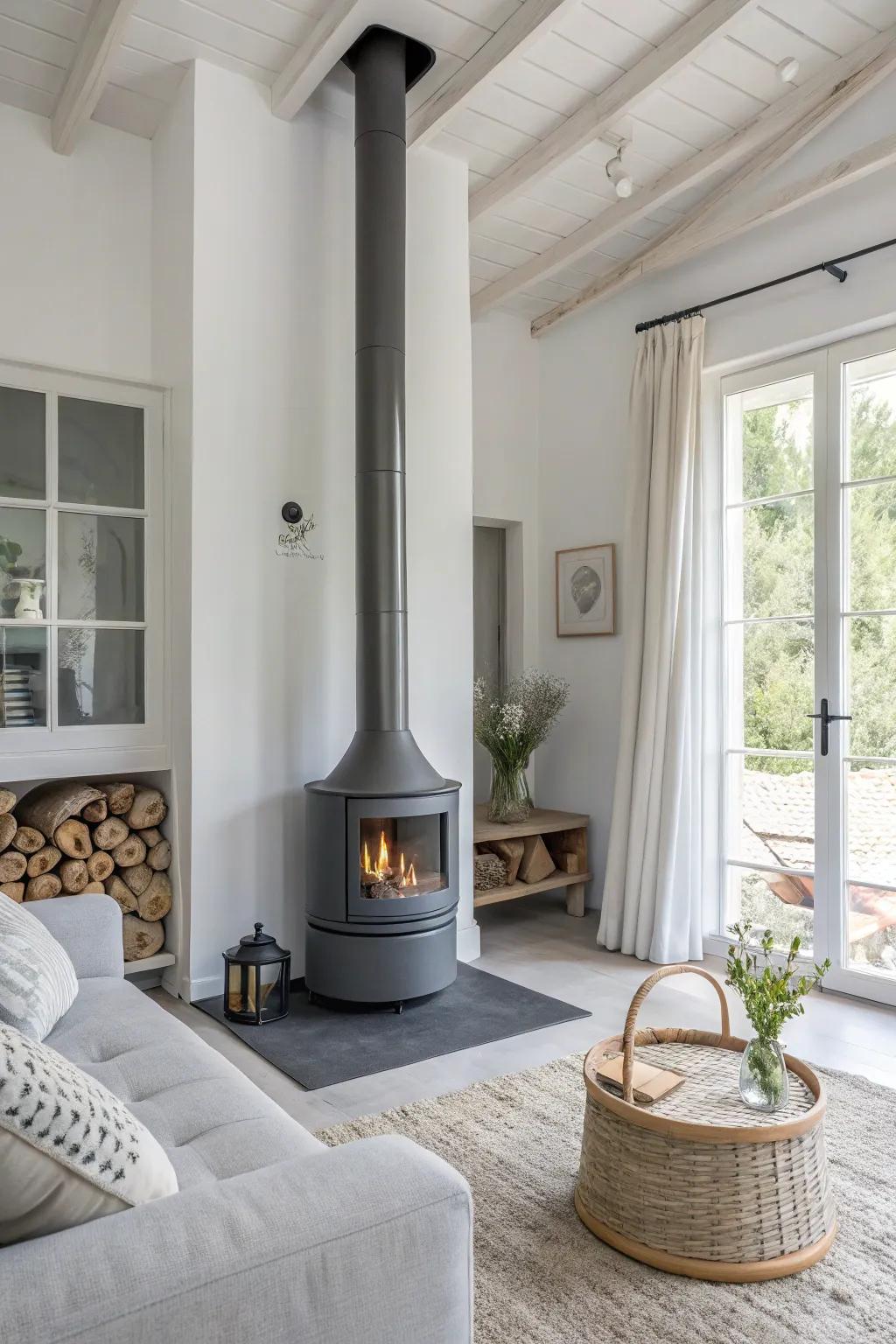 A sleek gray chimney complements a minimalist, modern design.