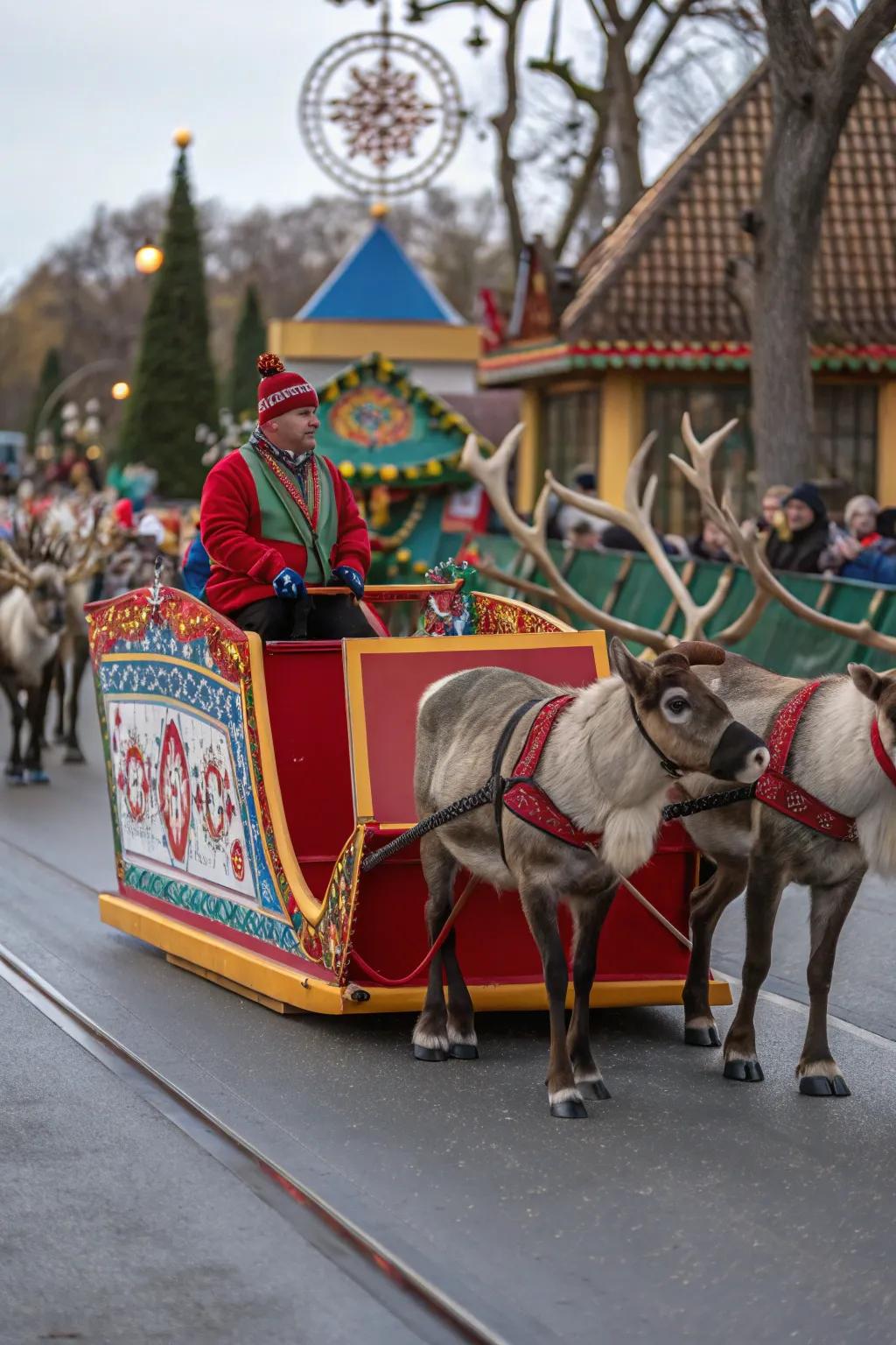 A Nordic Christmas float with reindeer and sleighs.