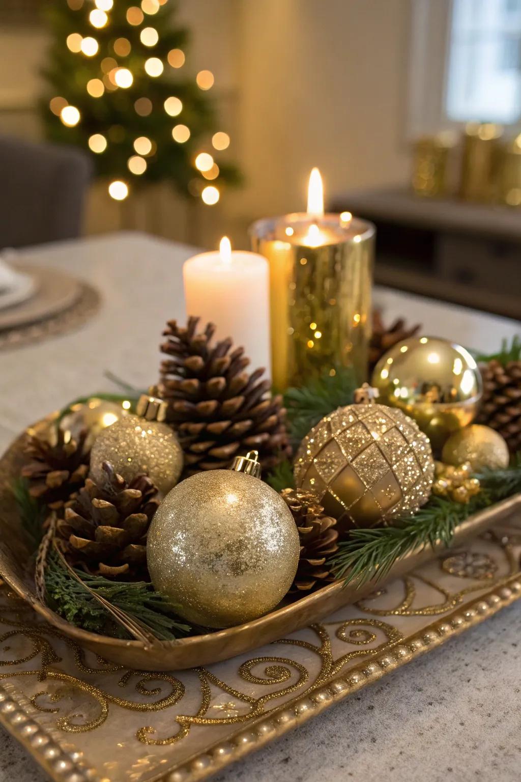 Golden ornaments add a touch of glam to your holiday table.