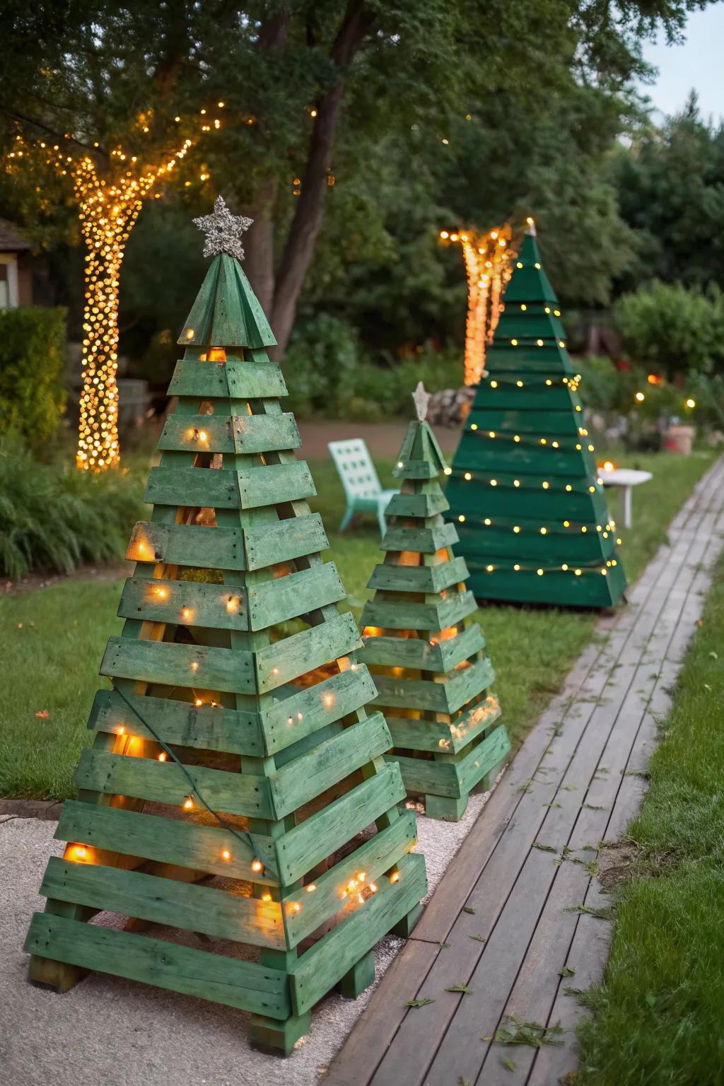 Welcome guests with outdoor pallet trees.