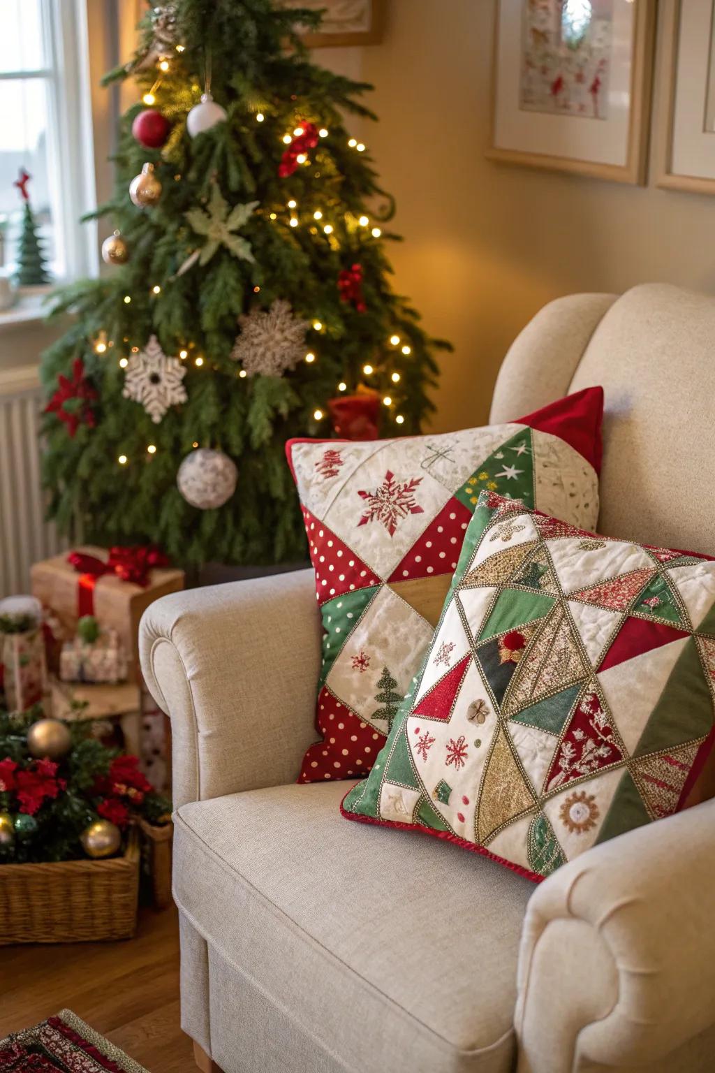 Patchwork pillows adding a vibrant touch to the holiday decor.