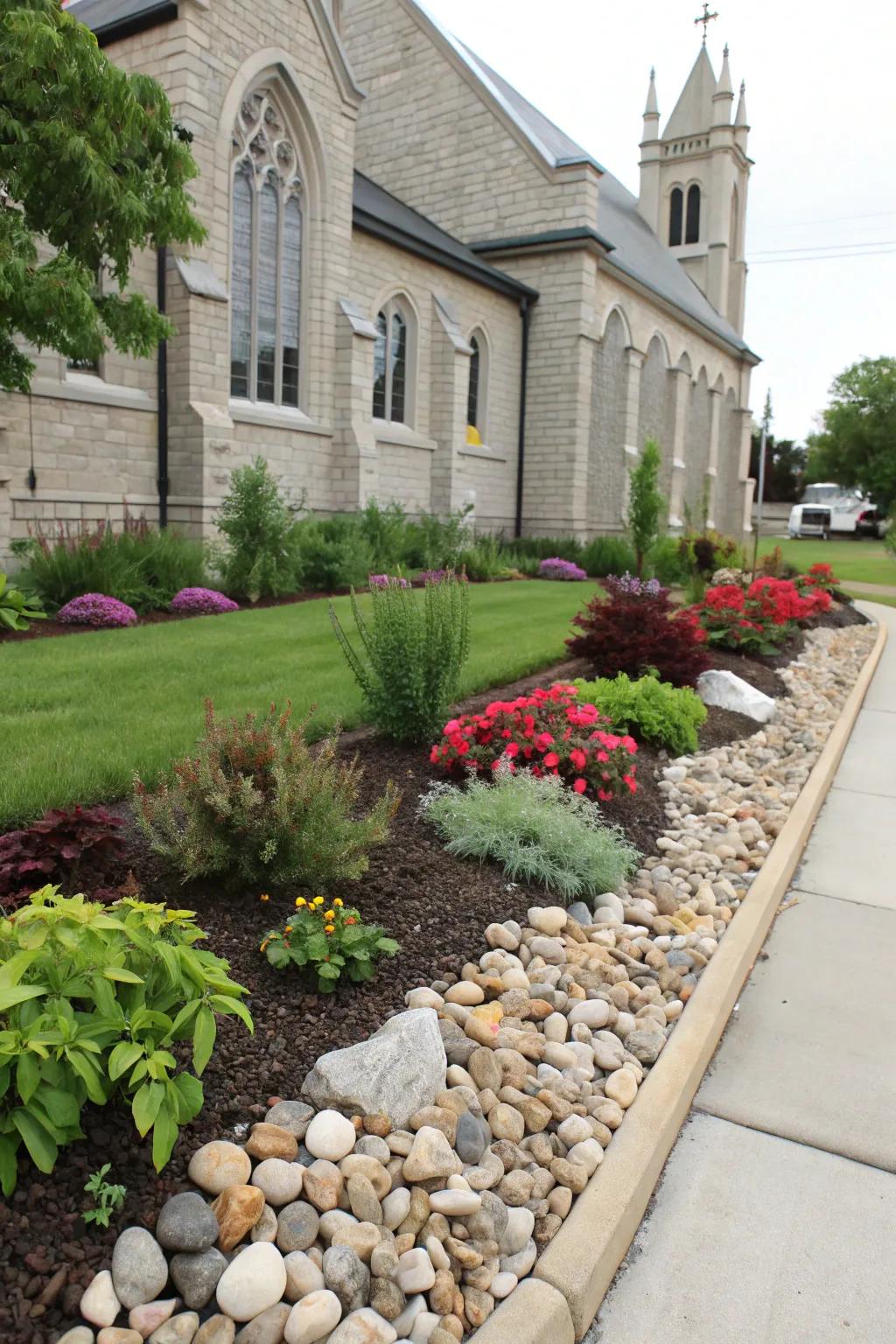 Mulch and stones add texture and polish to garden beds.