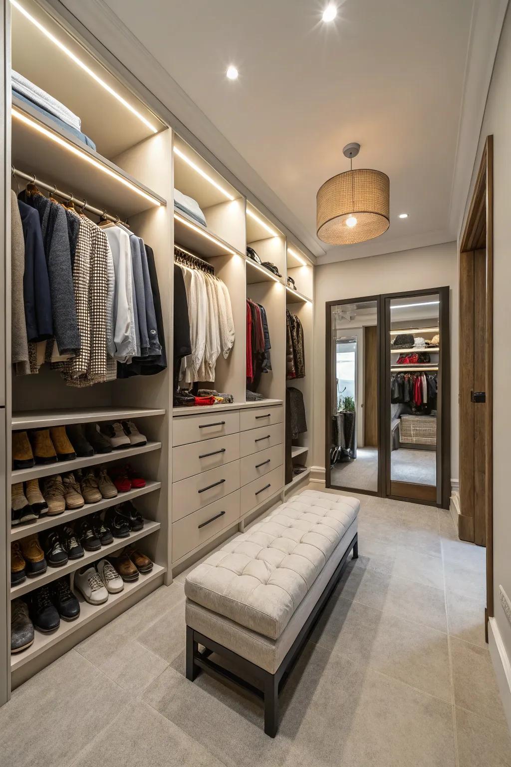 A walk-in closet offers ample space for both storage and style.