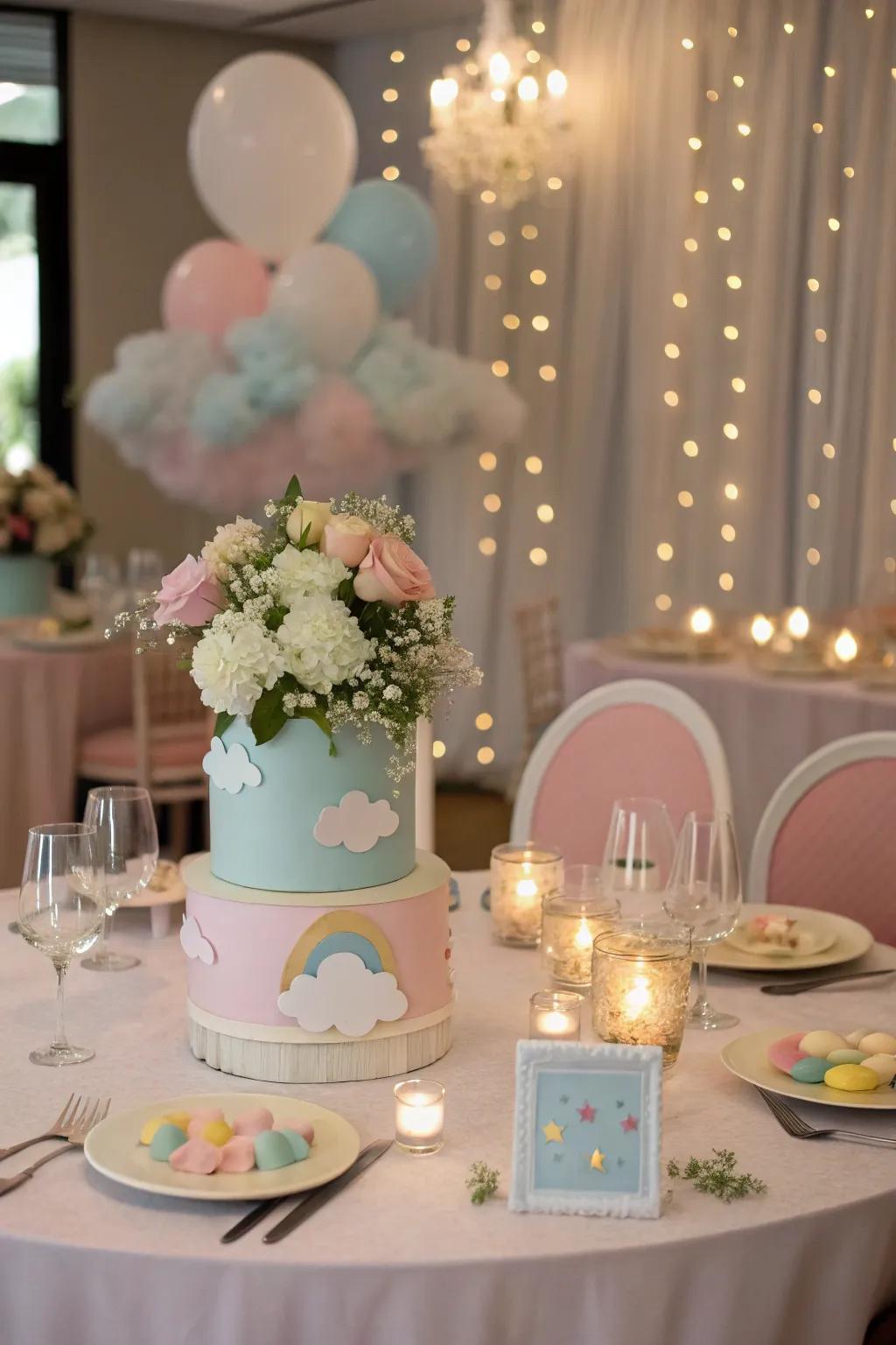 Elegant table settings with cloud-themed centerpieces create a sophisticated ambiance.