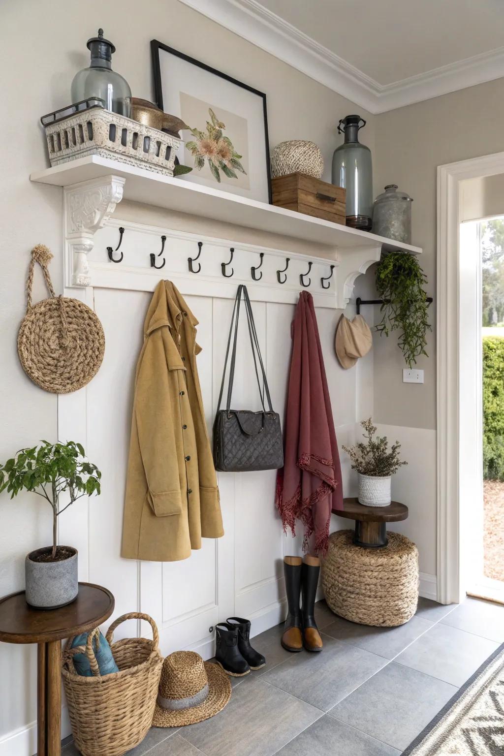 A floating shelf with hooks offers both storage and style in this entryway.